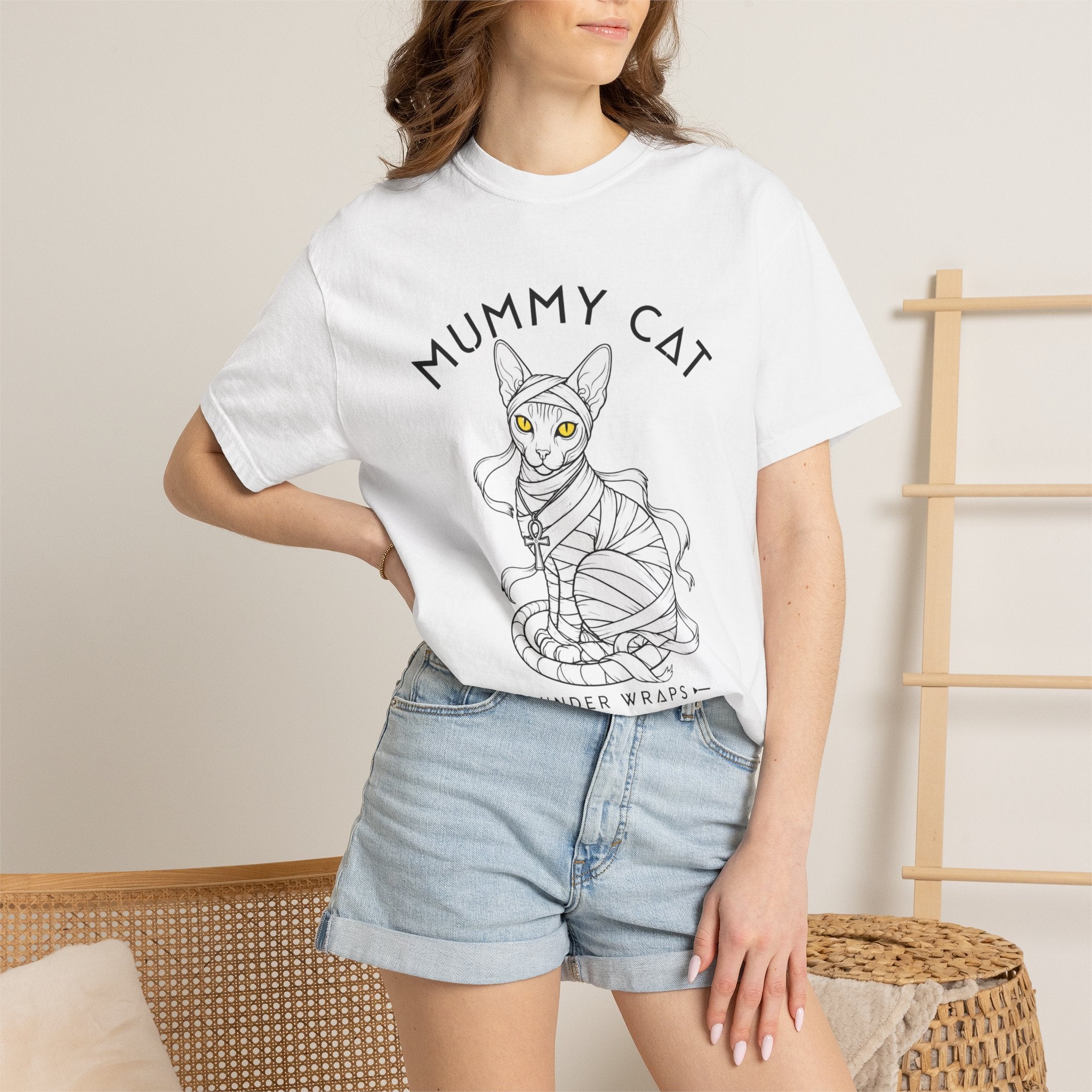 Mummy Cat T-Shirt — Sphynx Mummy Cat with Ankh, "UNDER WRAPS"