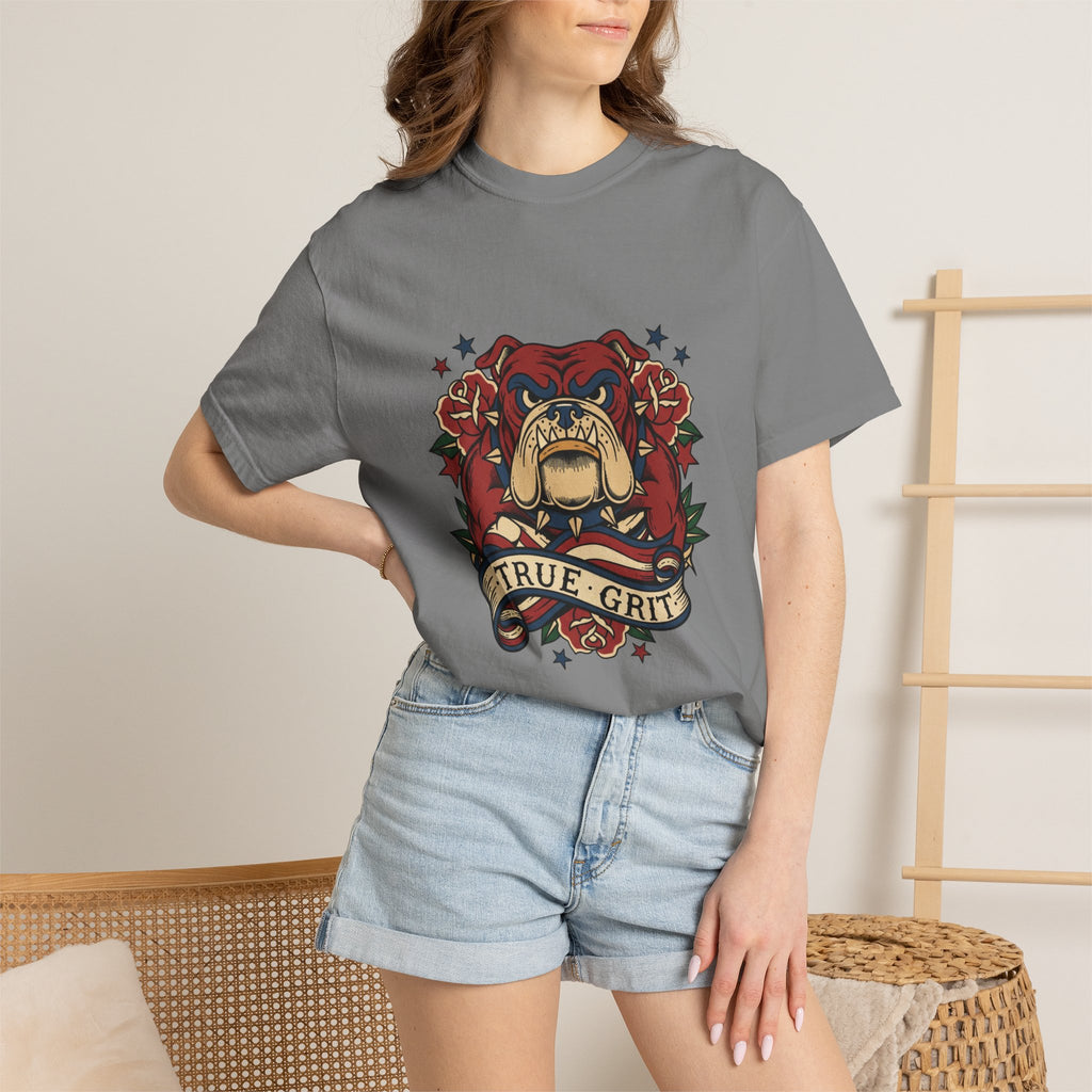 True Grit English Bulldog T-Shirt — Traditional Tattoo Rose Design