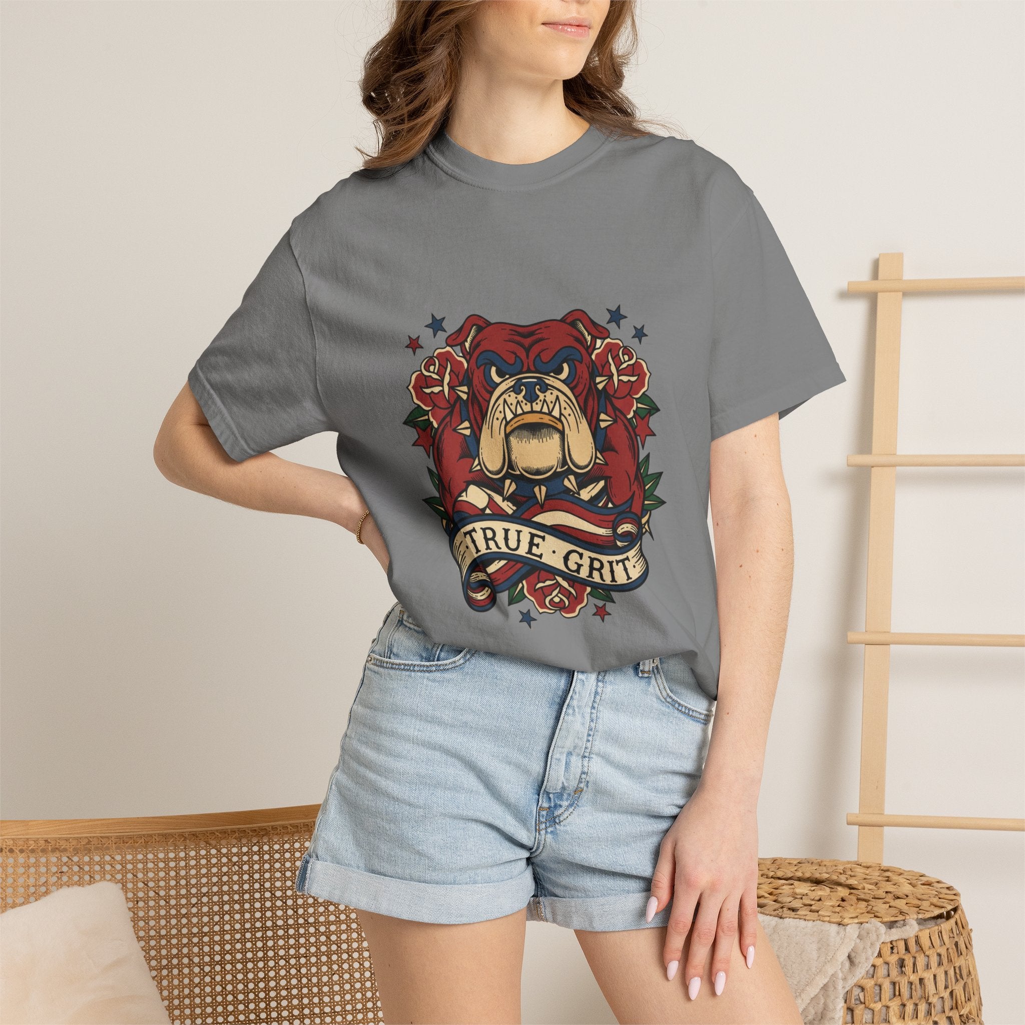 True Grit English Bulldog T-Shirt — Traditional Tattoo Rose Design