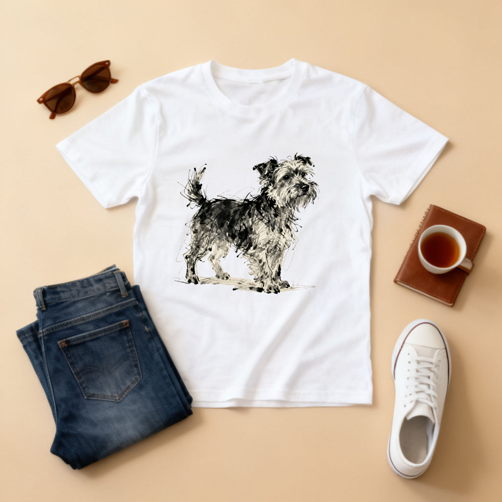 Wire-Haired Terrier Sketch T-Shirt — Monochrome Watercolor Dog Portrait