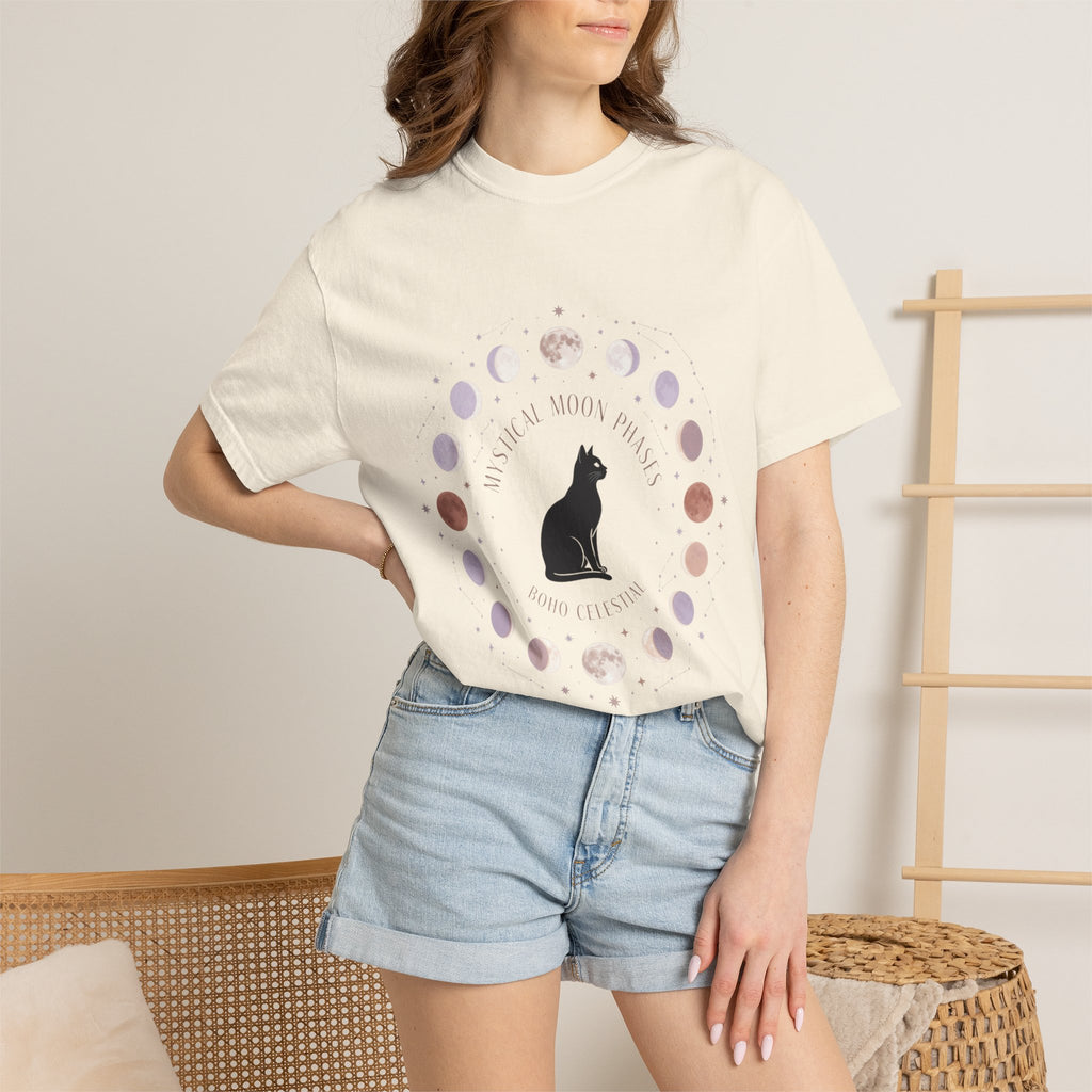 Mystical Moon Phases Boho Celestial T-Shirt — Black Cat Moon Phase Design