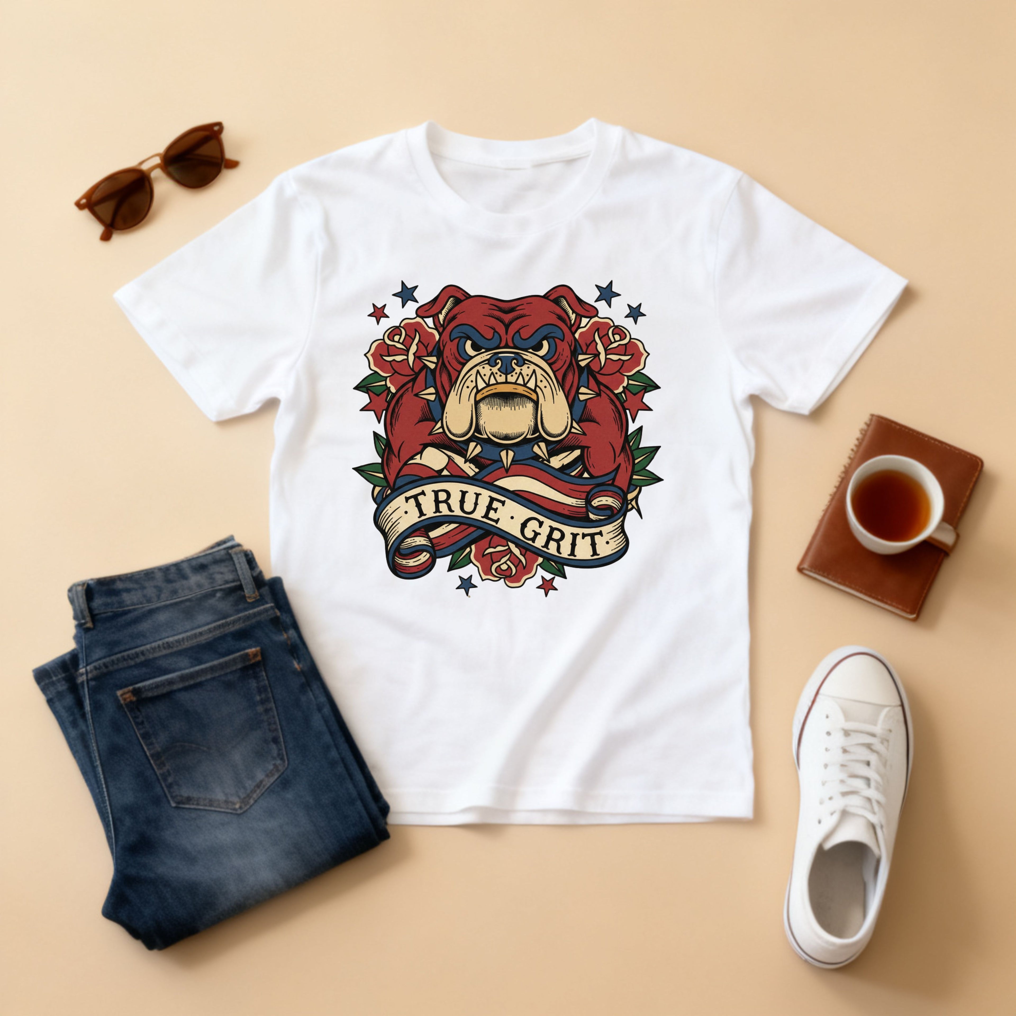 True Grit English Bulldog T-Shirt — Traditional Tattoo Rose Design