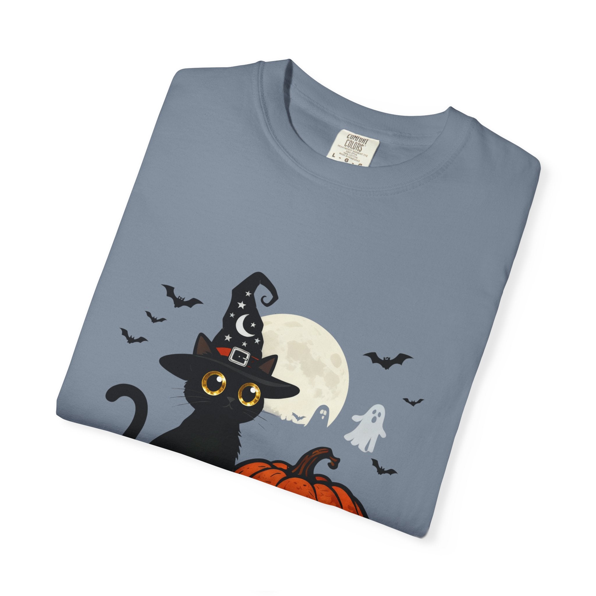 Halloween Black Cat T-Shirt — Cute Witch Hat Pumpkin Moon Design