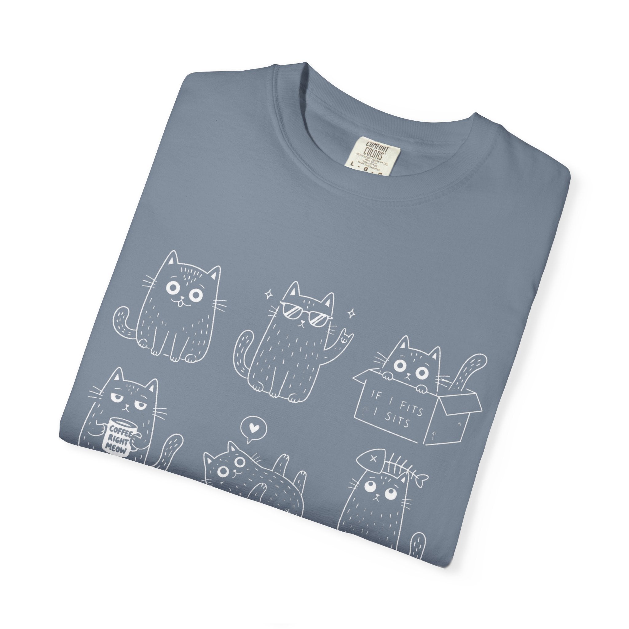 Cute Cats 3x3 Line Art T-Shirt — Funny Cat Doodles ("IF I FITS I SITS", "COFFEE RIGHT MEOW")