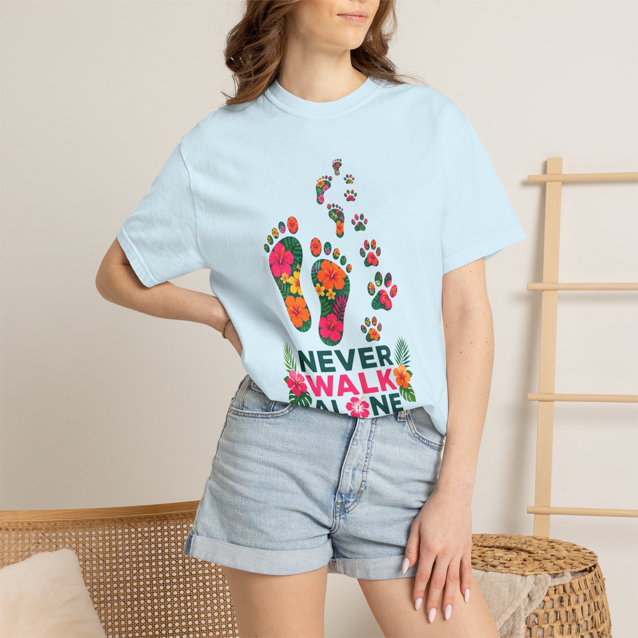 Never Walk Alone T-Shirt — Tropical Footprints & Paw Prints Graphic