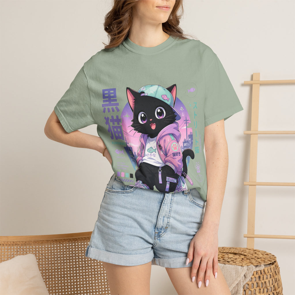 Chibi Black Cat Streetwear T-Shirt — Pastel Anime Cityscape (Kanji Accent)