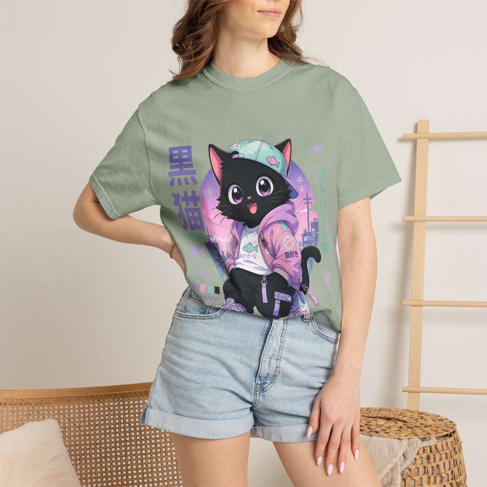 Chibi Black Cat Streetwear T-Shirt — Pastel Anime Cityscape (Kanji Accent)