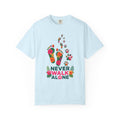 Never Walk Alone T-Shirt — Tropical Footprints & Paw Prints Graphic