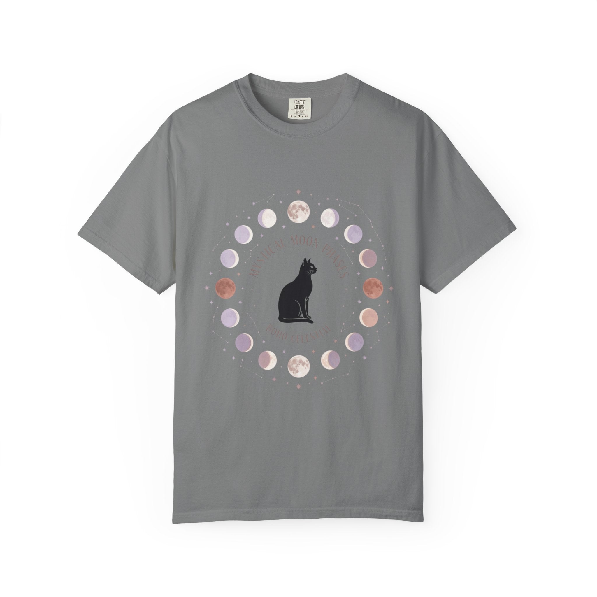 Mystical Moon Phases Boho Celestial T-Shirt — Black Cat Moon Phase Design