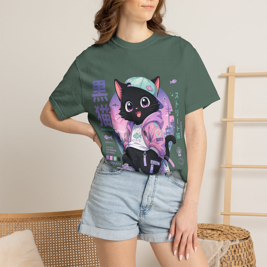 Chibi Black Cat Streetwear T-Shirt — Pastel Anime Cityscape (Kanji Accent)