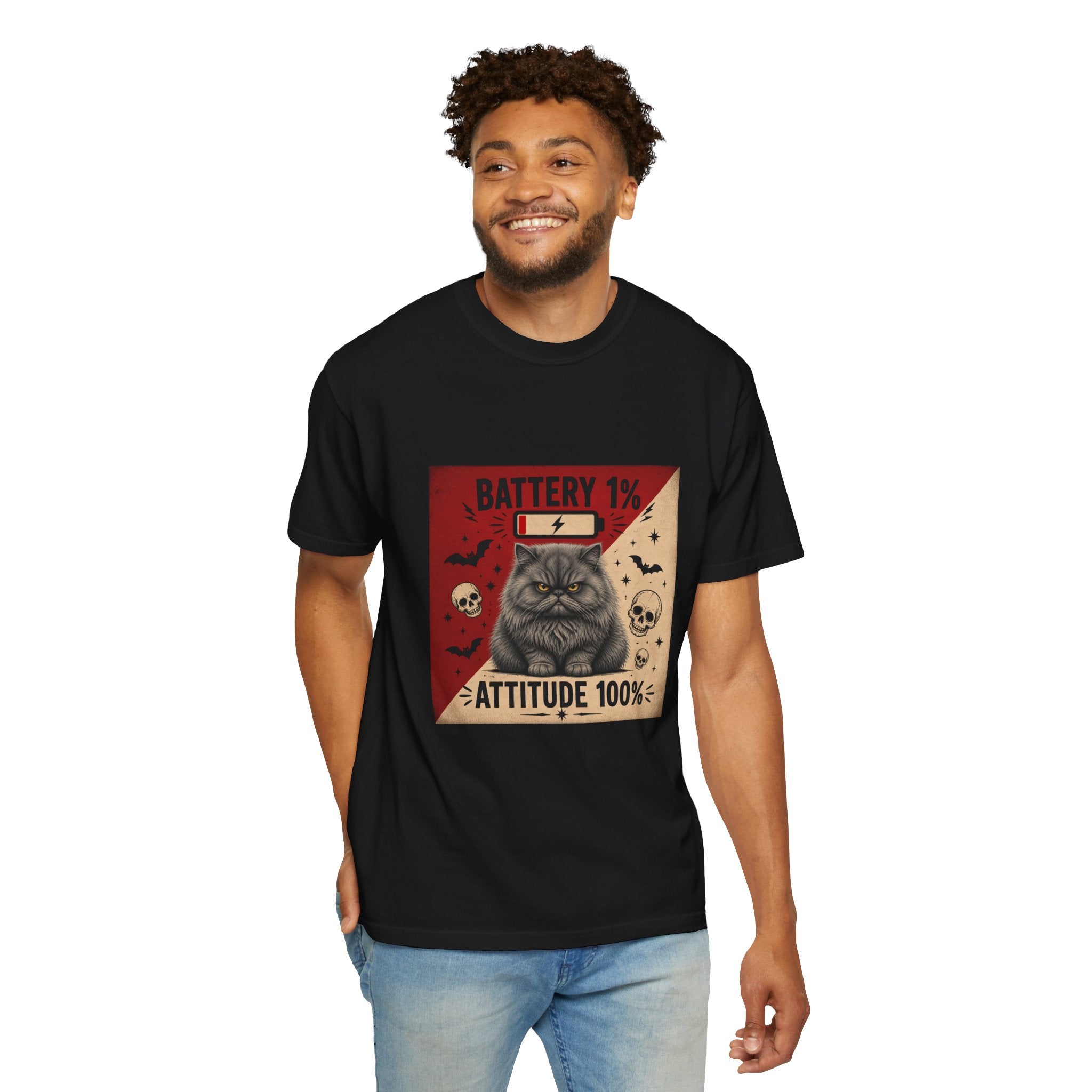 Angry Persian Cat T-Shirt — "Battery 1% / Attitude 100%" Spooky Vintage Graphic