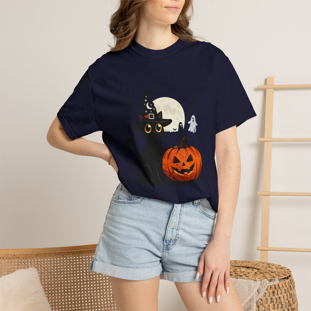Halloween Black Cat T-Shirt — Cute Witch Hat Pumpkin Moon Design