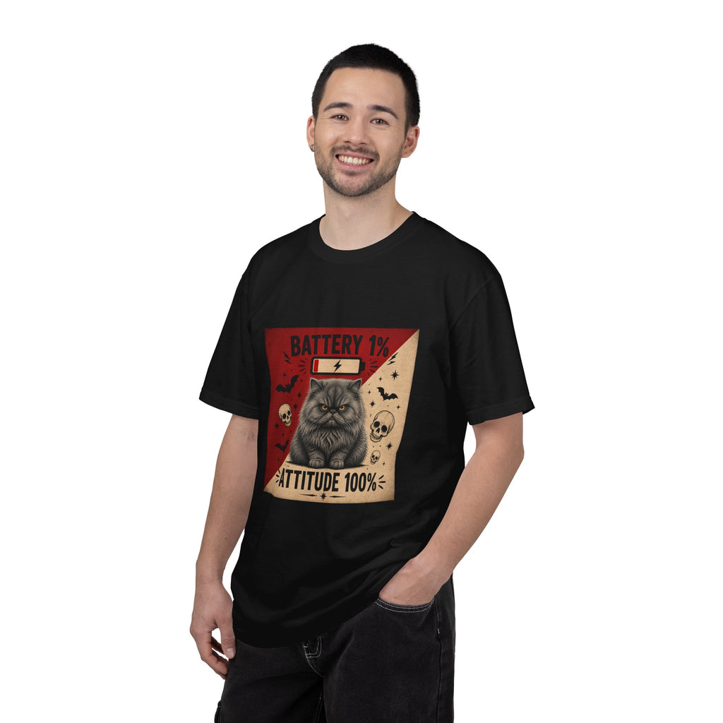 Angry Persian Cat T-Shirt — "Battery 1% / Attitude 100%" Spooky Vintage Graphic