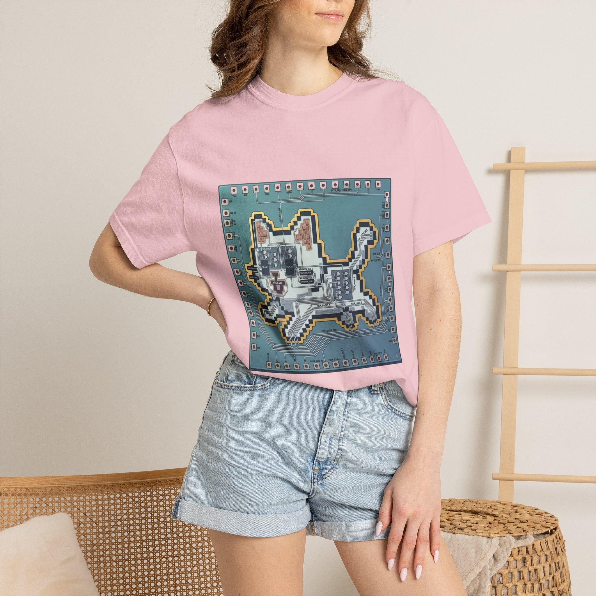 Microchip Cat Tech T-Shirt — Pixelated Processor Circuit Design