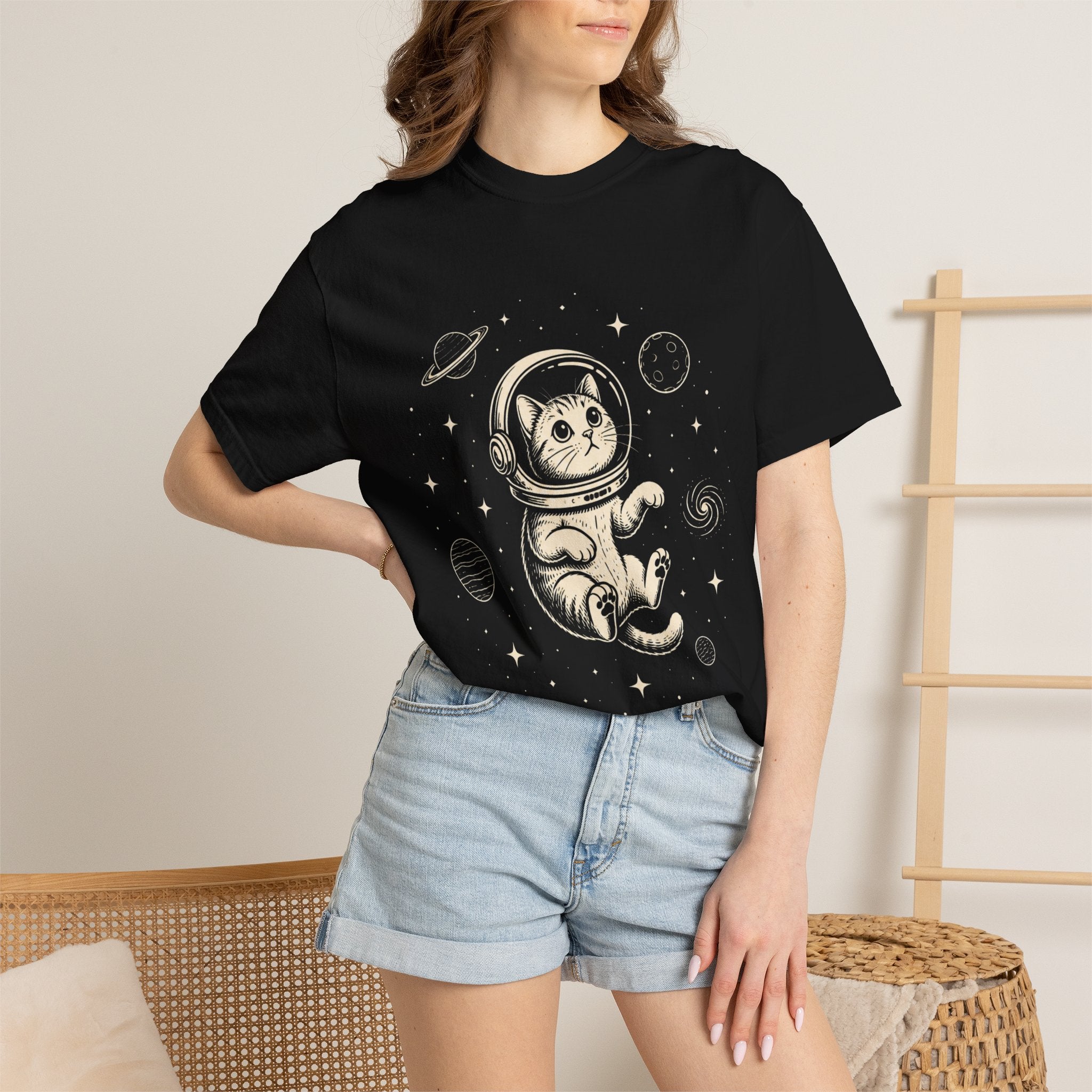 Tabby Astronaut Kitten T-Shirt — Whimsical Space Cat Line Art