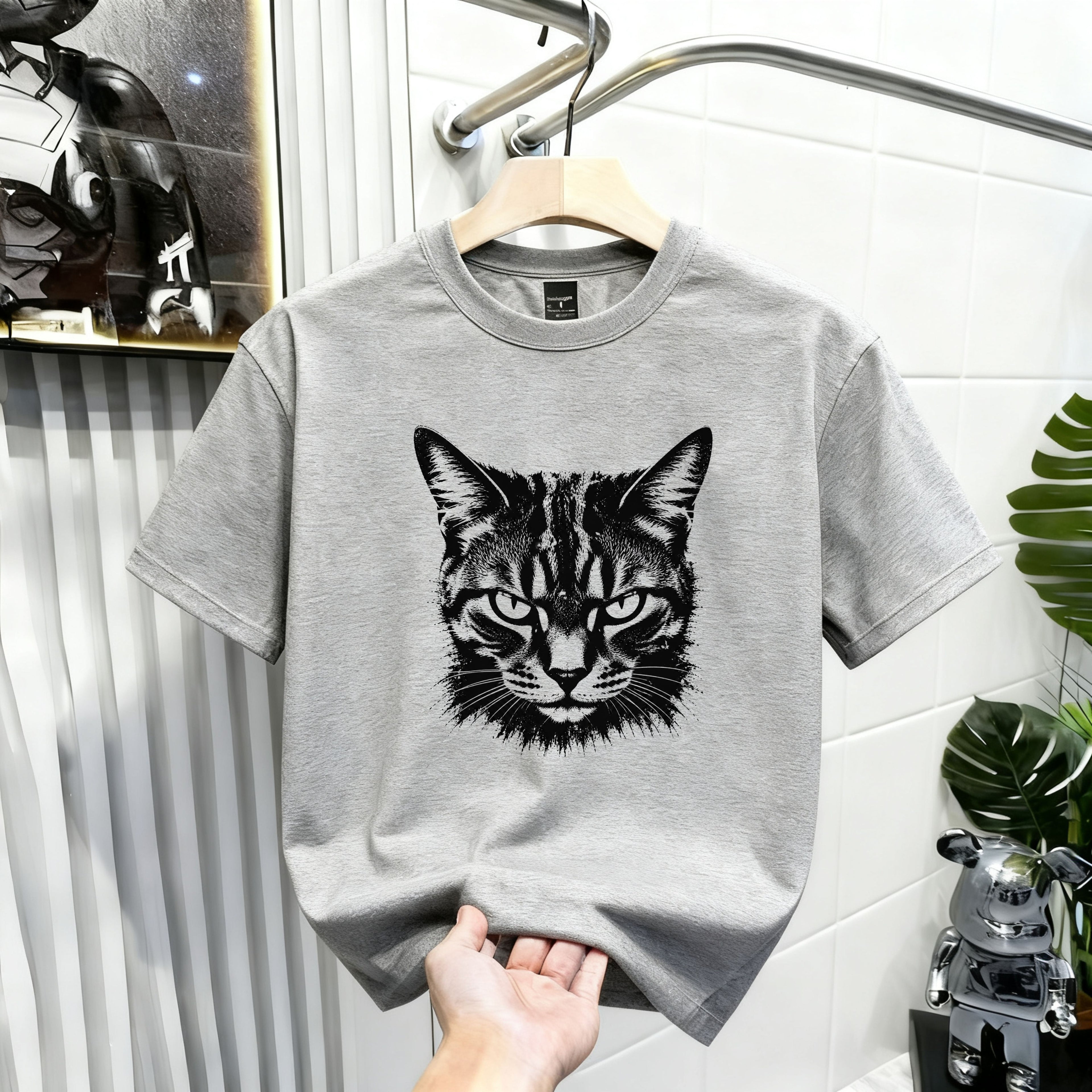 Tabby Cat Ink Portrait T-Shirt — Monochrome Fierce Cat Graphic