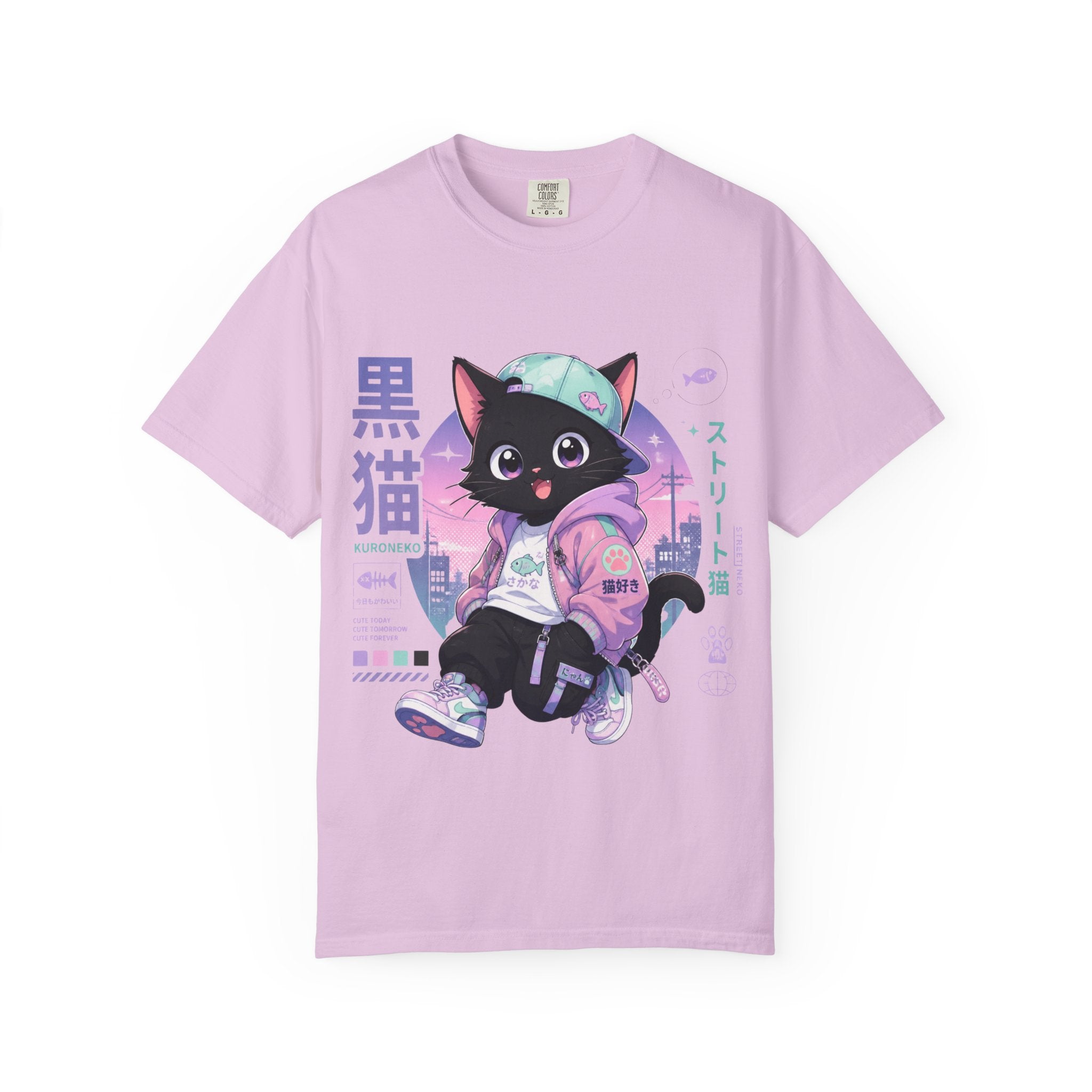 Chibi Black Cat Streetwear T-Shirt — Pastel Anime Cityscape (Kanji Accent)