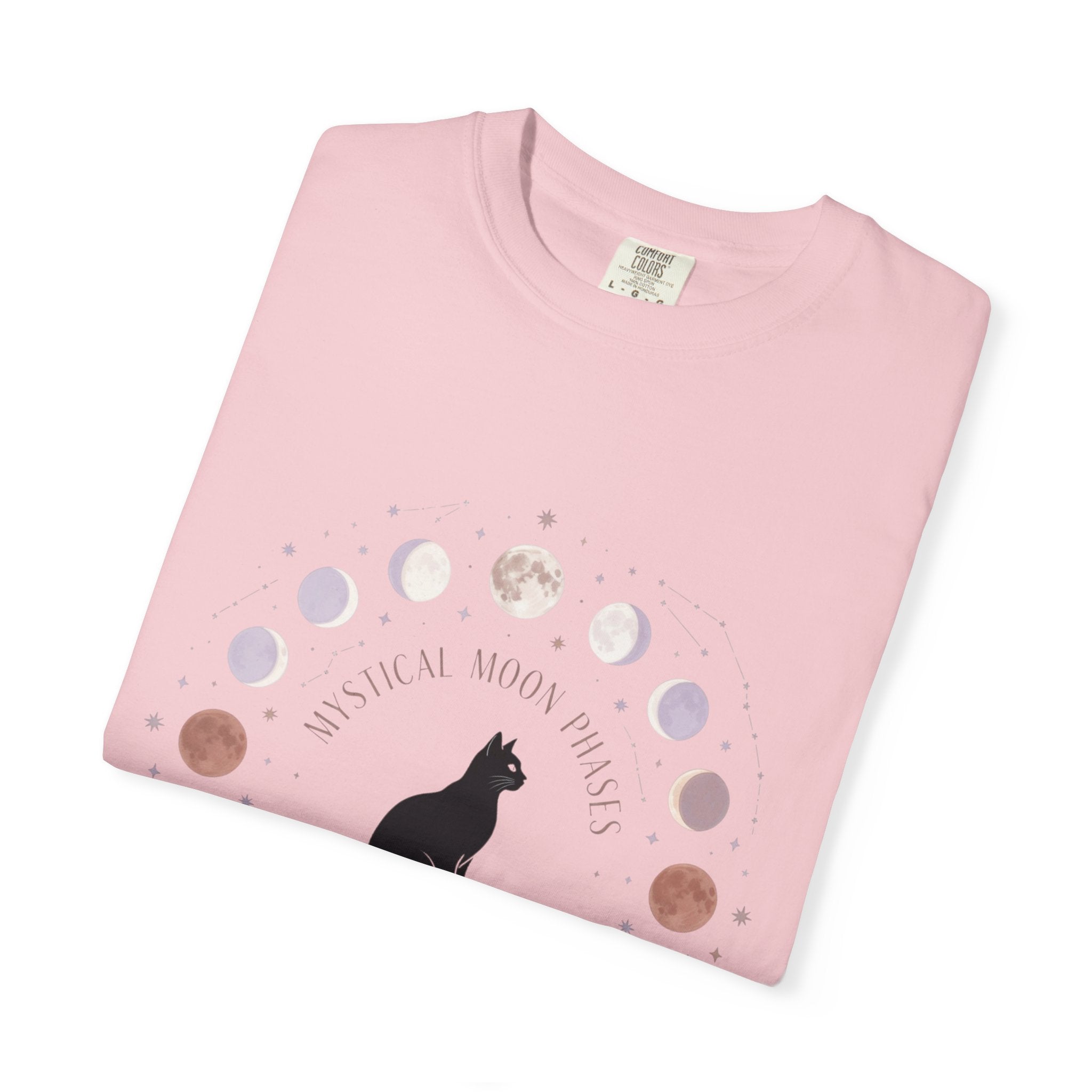 Mystical Moon Phases Boho Celestial T-Shirt — Black Cat Moon Phase Design