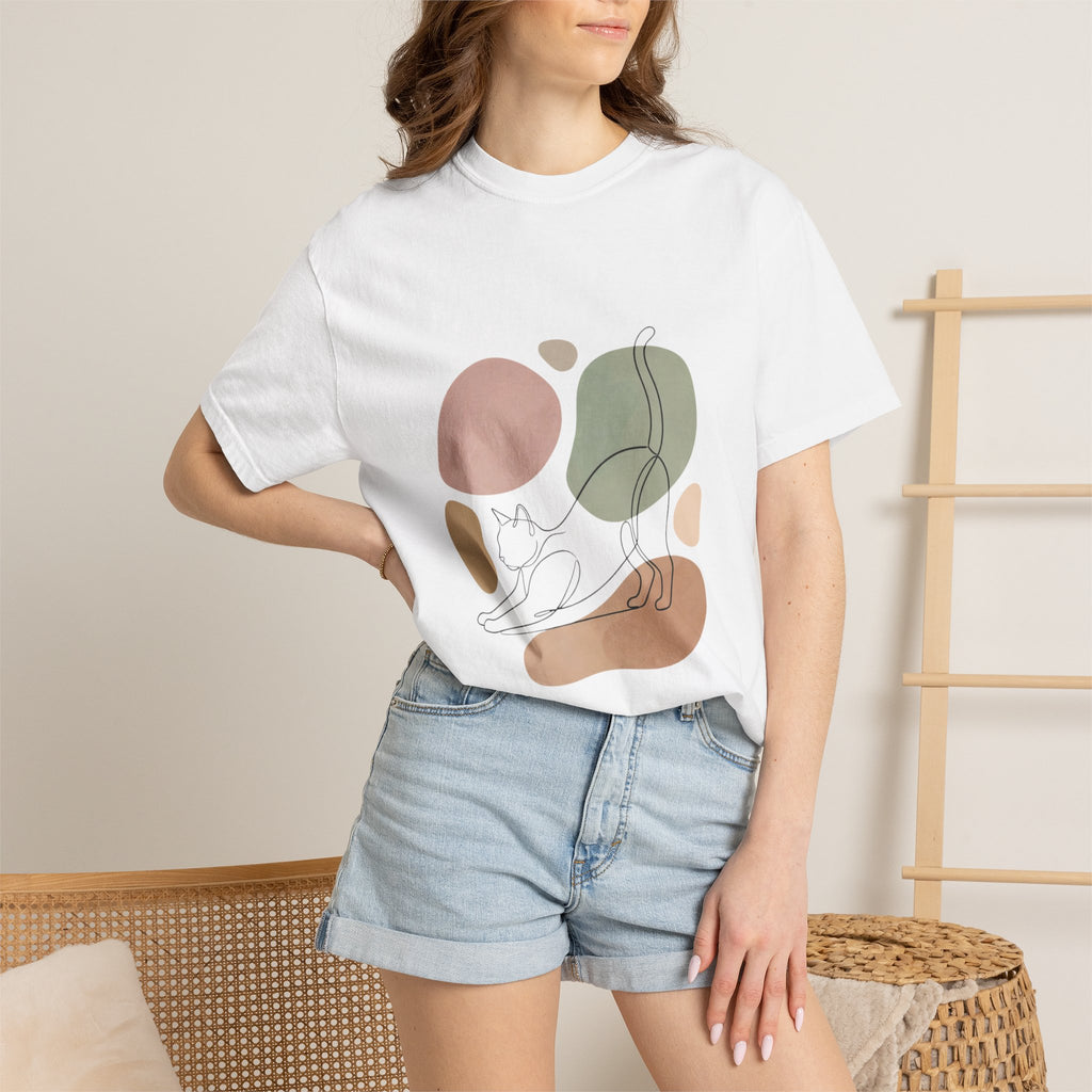 Cat Stretch Line Art T-Shirt — Minimal Boho Scandinavian Pet Graphic