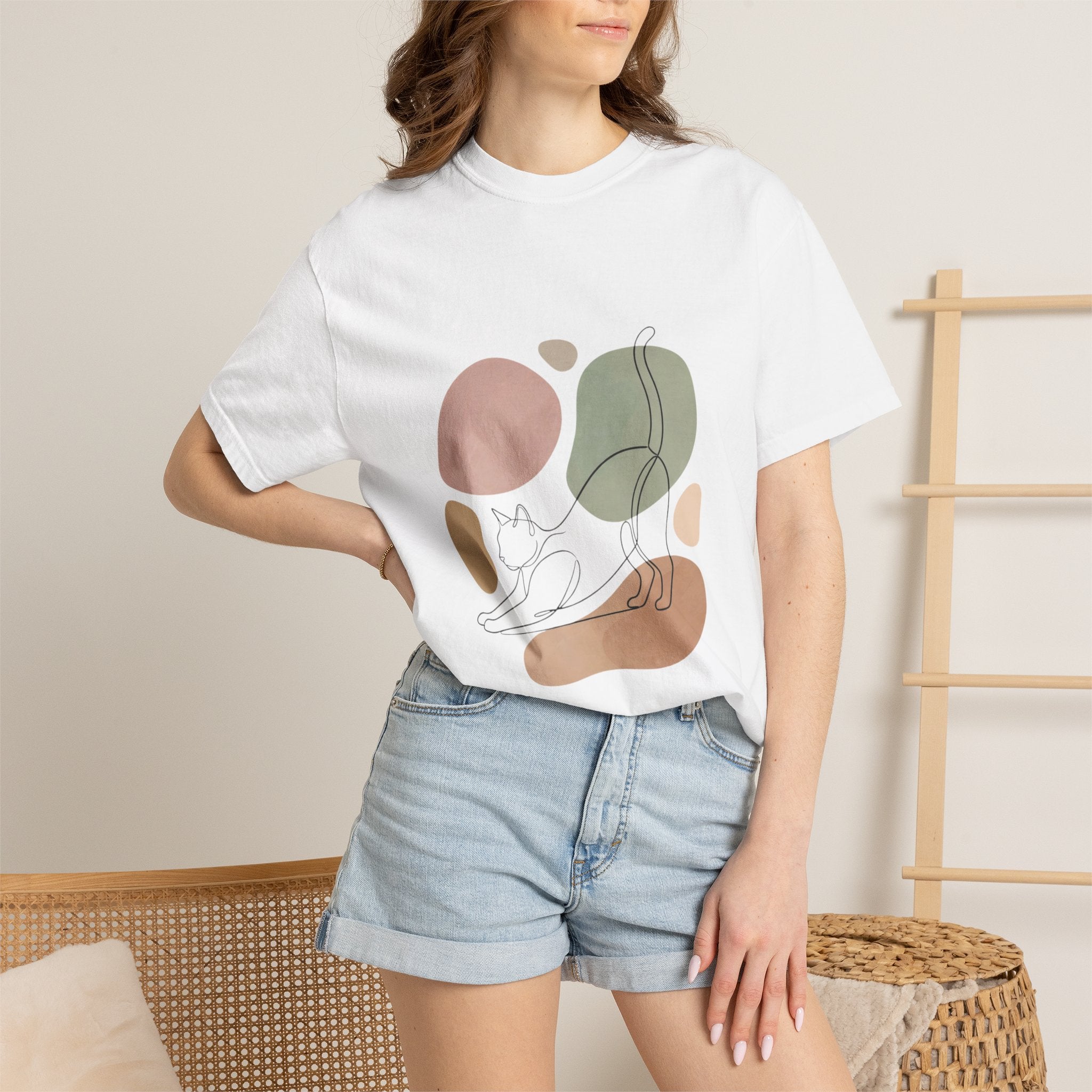 Cat Stretch Line Art T-Shirt — Minimal Boho Scandinavian Pet Graphic
