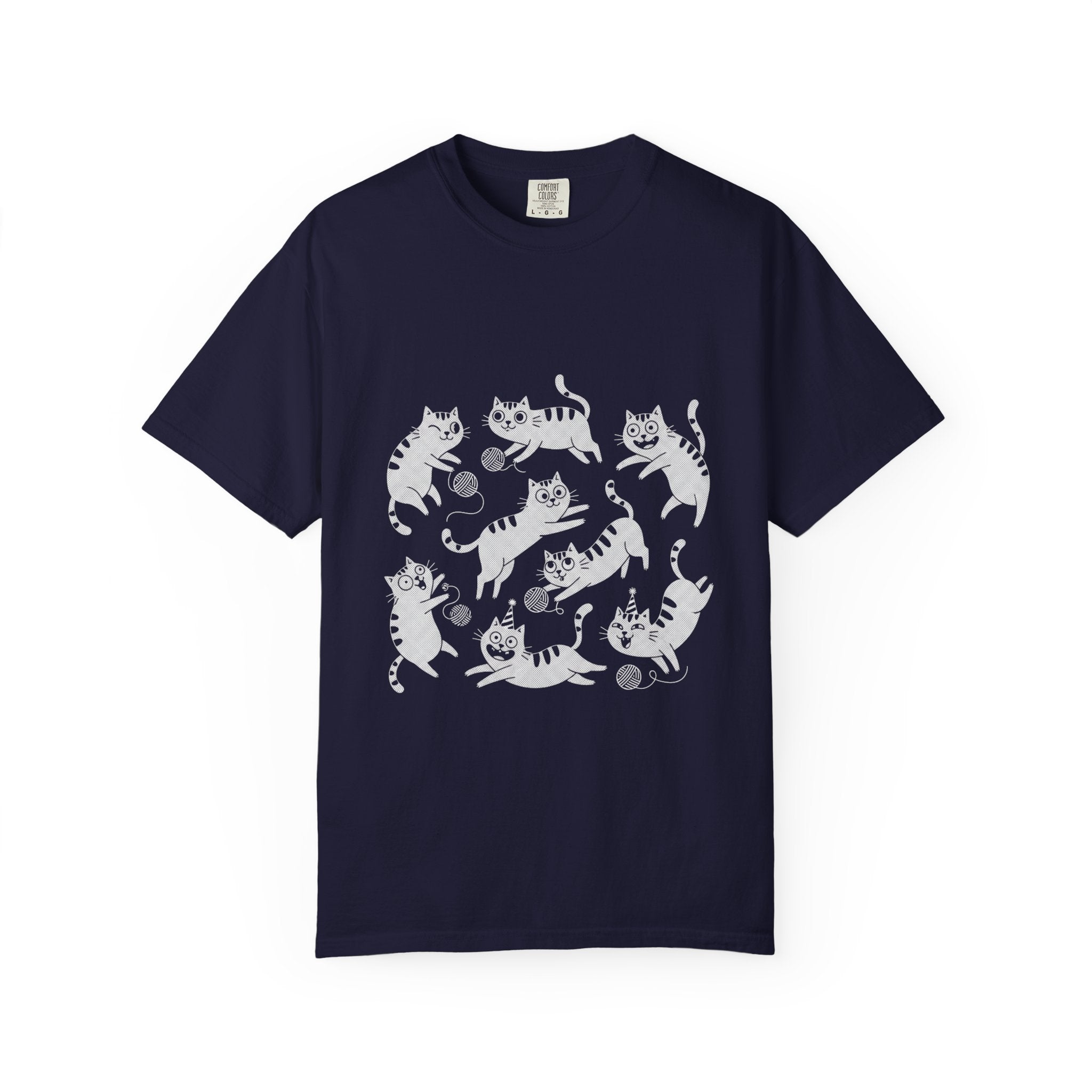 Cute White Tabby Cats Pattern T-Shirt — Playful Birthday Cats & Yarn