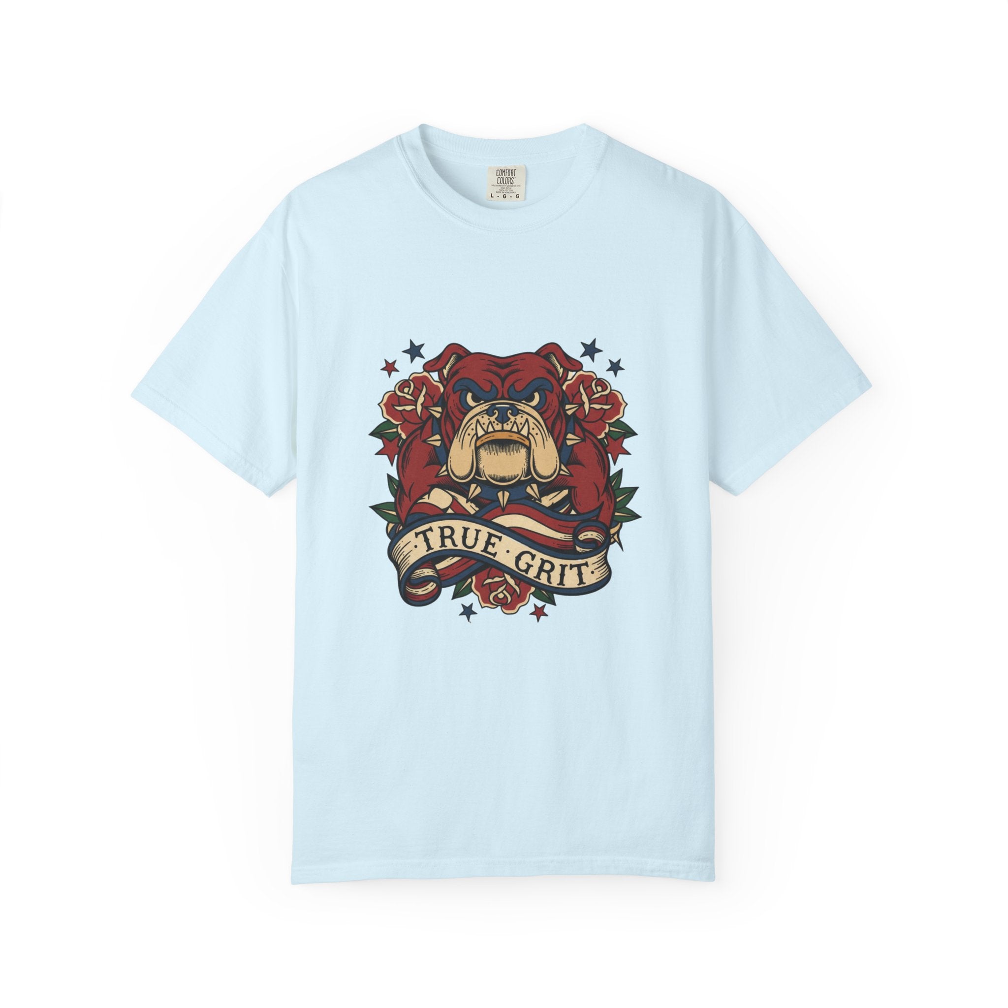 True Grit English Bulldog T-Shirt — Traditional Tattoo Rose Design