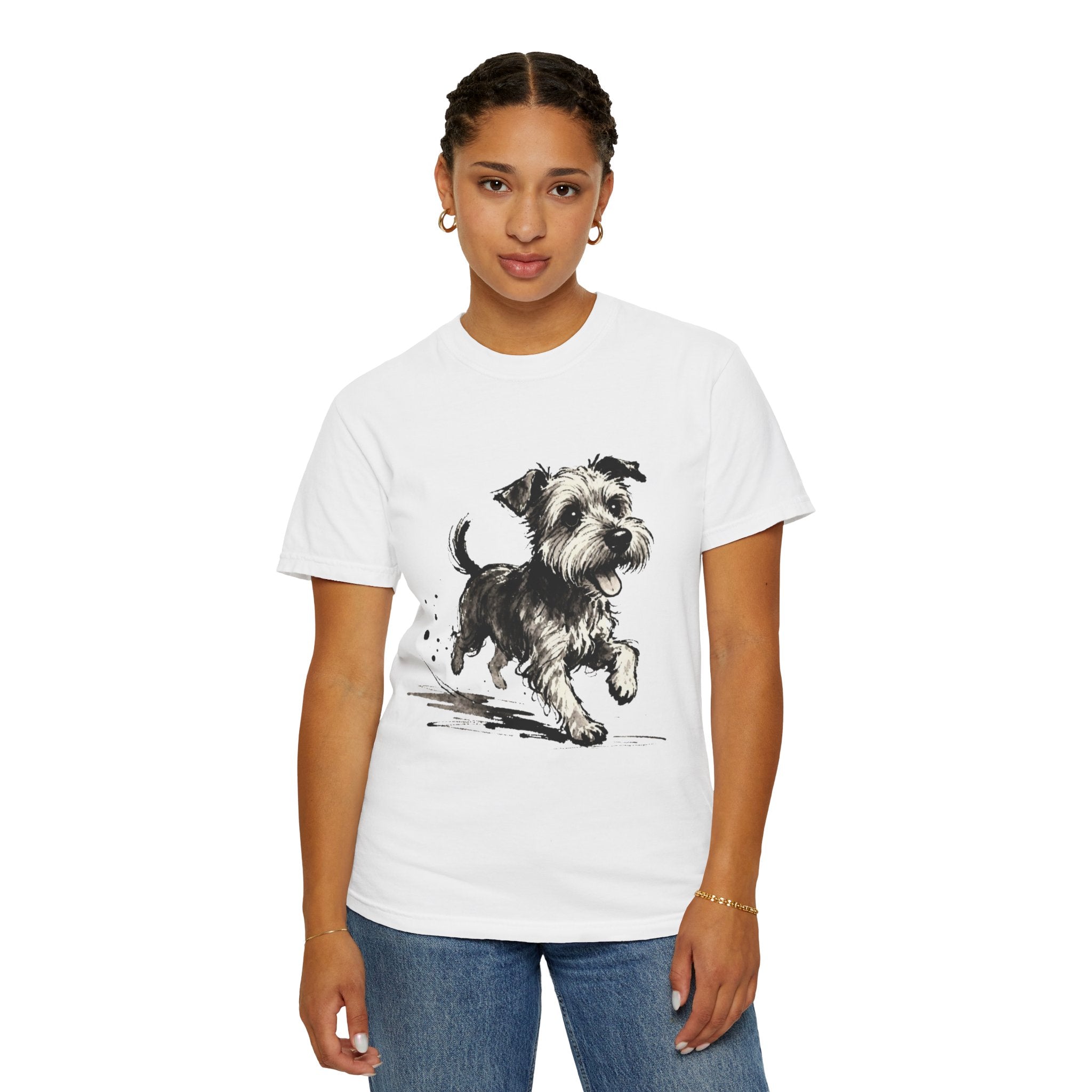 Wire‑Haired Terrier Puppy Running T-Shirt — Energetic Ink Sketch Design