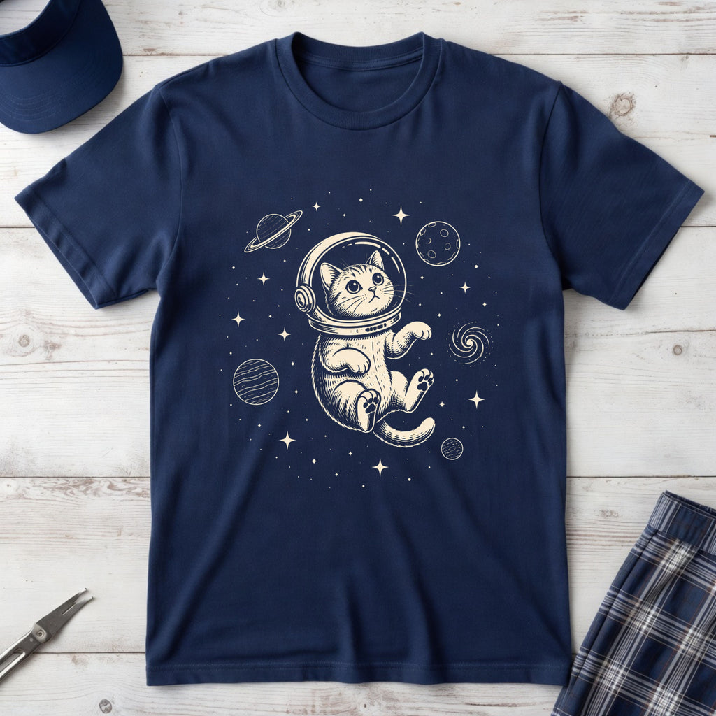 Tabby Astronaut Kitten T-Shirt — Whimsical Space Cat Line Art