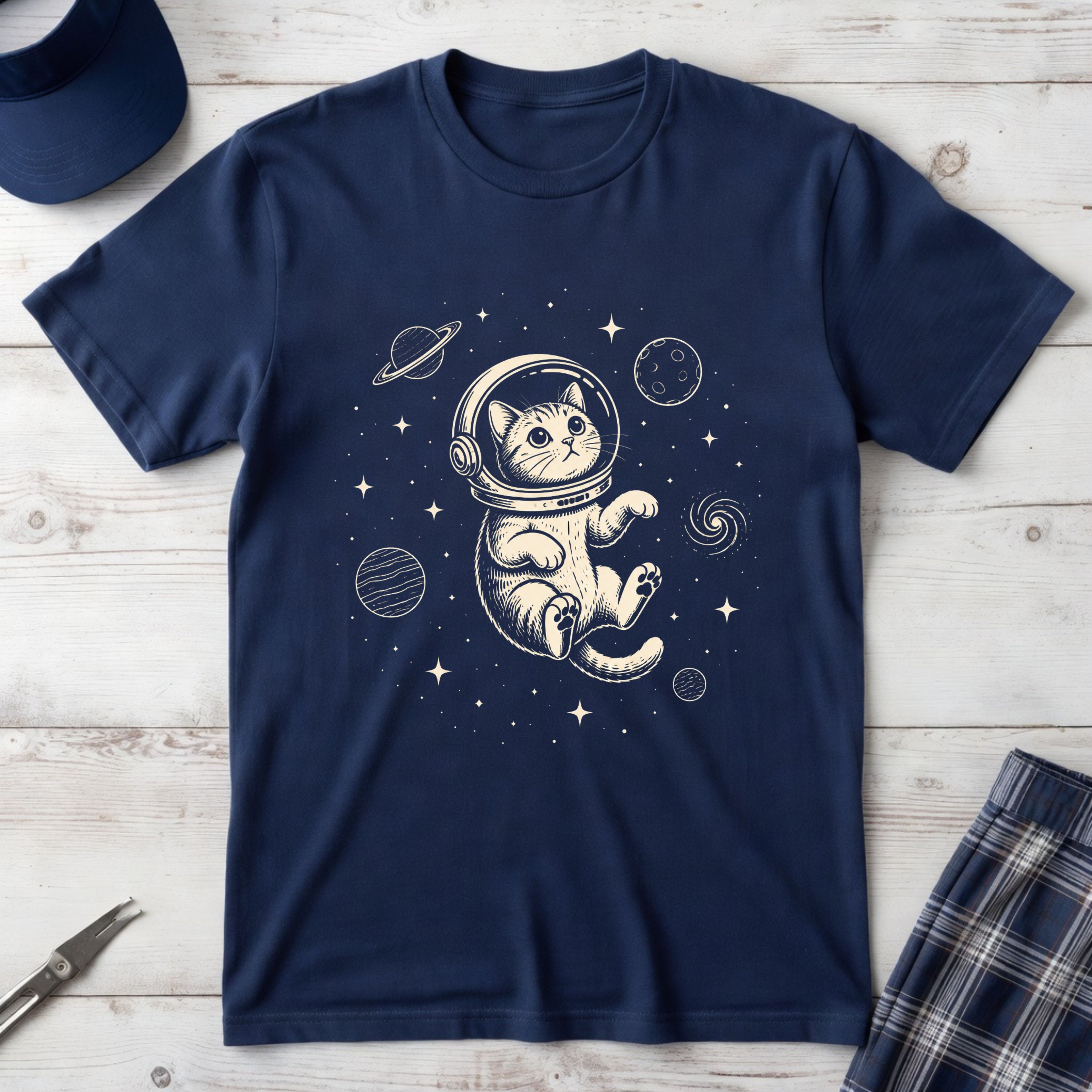 Tabby Astronaut Kitten T-Shirt — Whimsical Space Cat Line Art