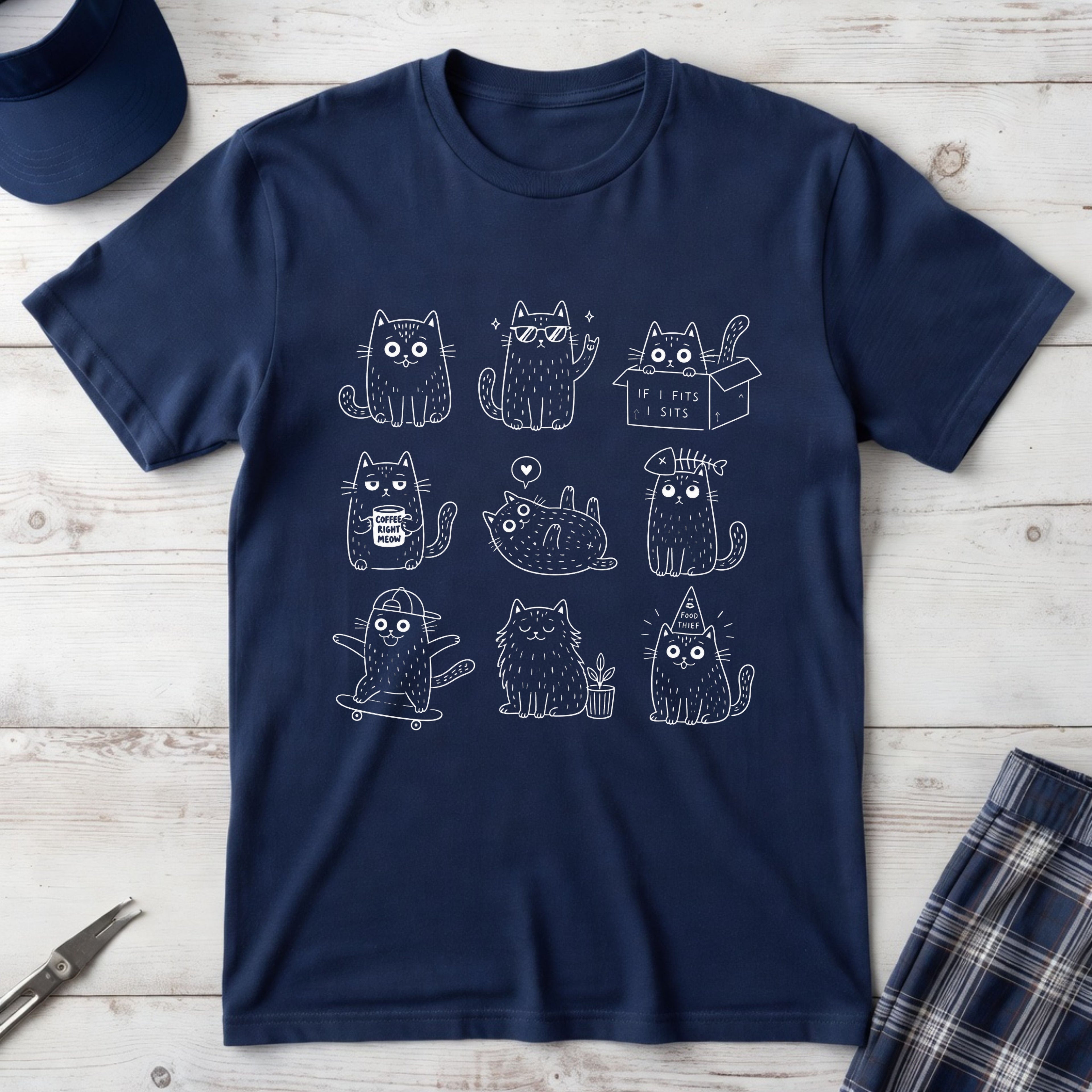 Cute Cats 3x3 Line Art T-Shirt — Funny Cat Doodles ("IF I FITS I SITS", "COFFEE RIGHT MEOW")