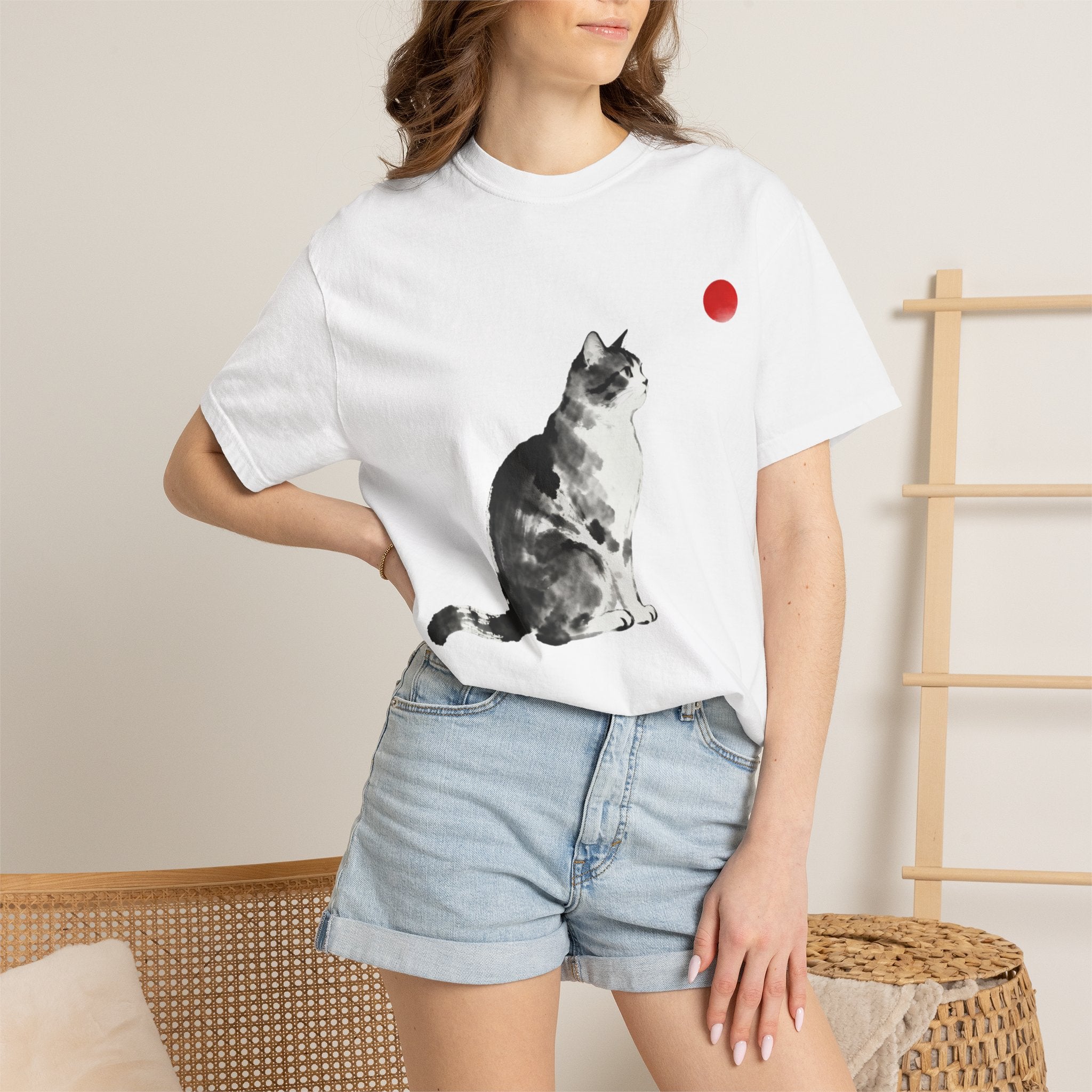 Sumi-e Tabby Cat T-Shirt — Minimalist Japanese Ink Wash Design