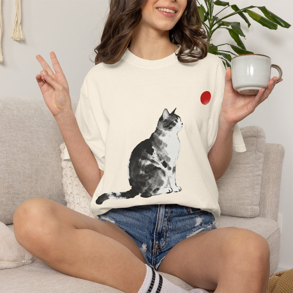 Sumi-e Tabby Cat T-Shirt — Minimalist Japanese Ink Wash Design