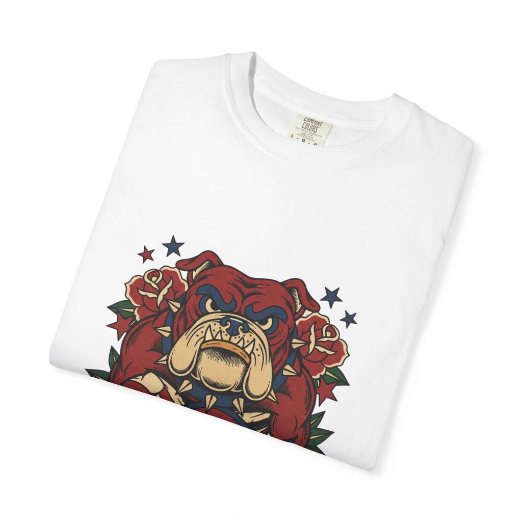 True Grit English Bulldog T-Shirt — Traditional Tattoo Rose Design