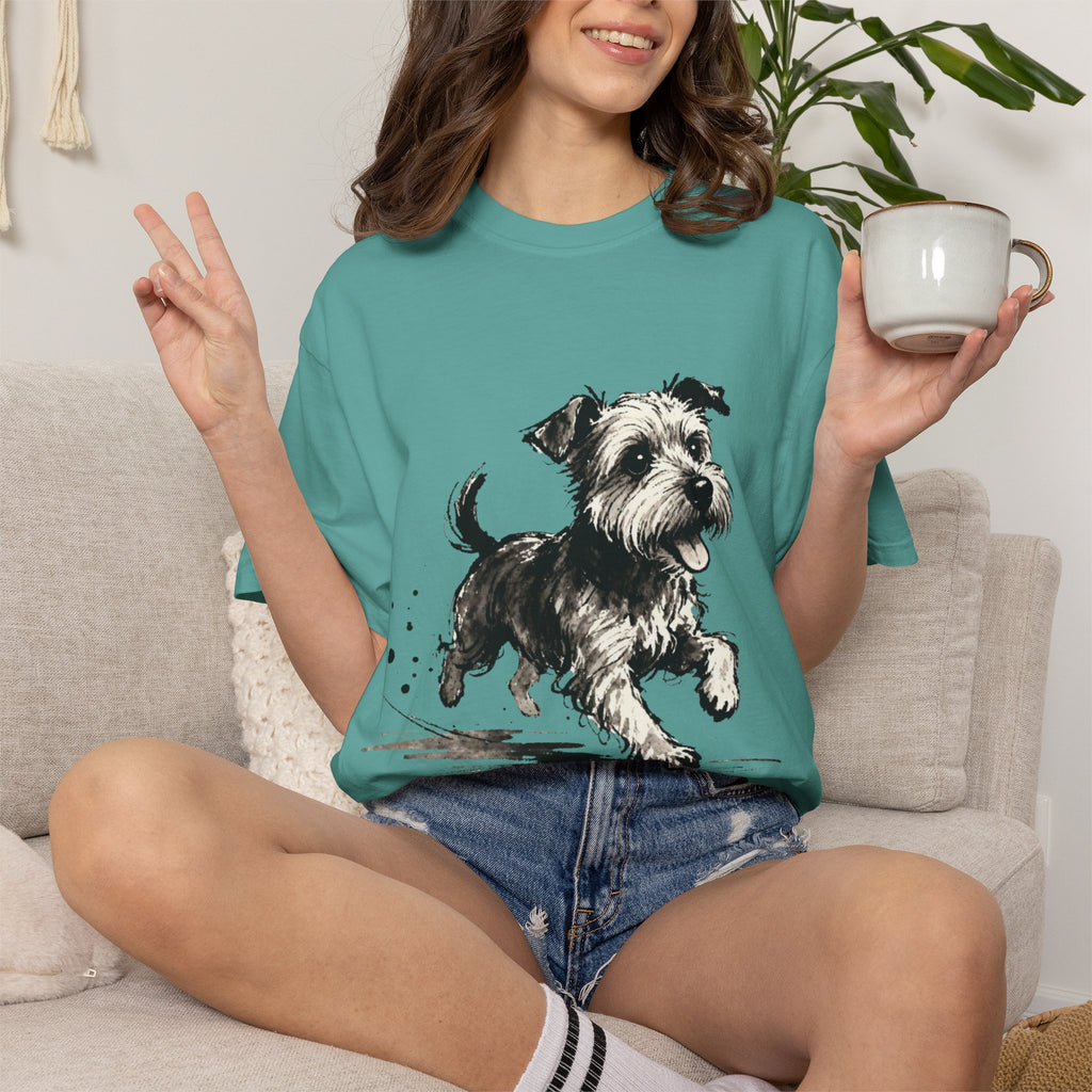 Wire‑Haired Terrier Puppy Running T-Shirt — Energetic Ink Sketch Design