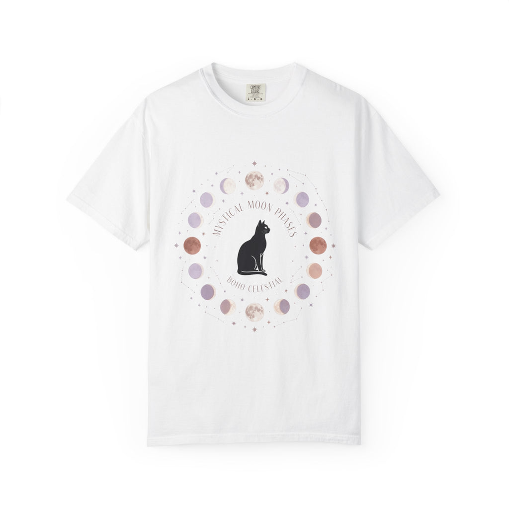 Mystical Moon Phases Boho Celestial T-Shirt — Black Cat Moon Phase Design