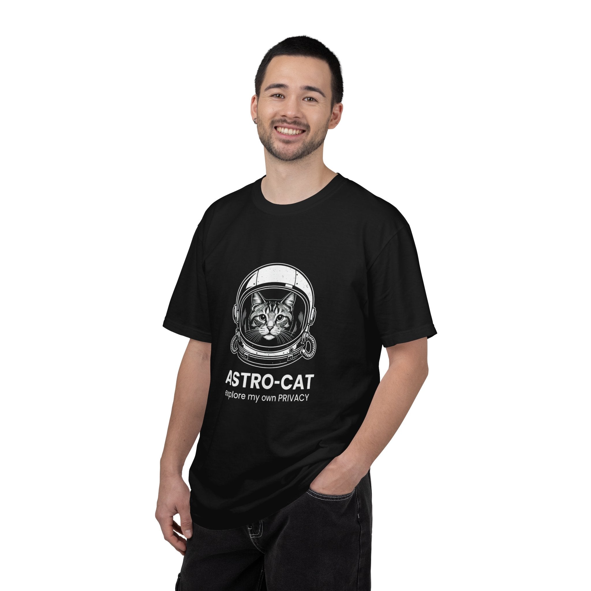 Astro-Cat Tabby Helmet T-Shirt — "explore my own PRIVACY" Retro Space Tee