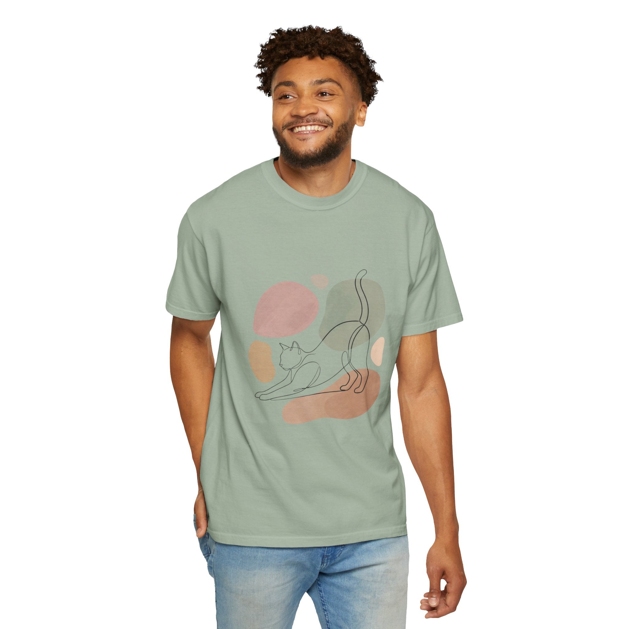 Cat Stretch Line Art T-Shirt — Minimal Boho Scandinavian Pet Graphic