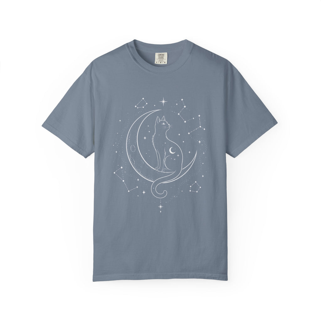Mystical Crescent Moon Cat T-Shirt — Celestial Black Cat Night Sky Design
