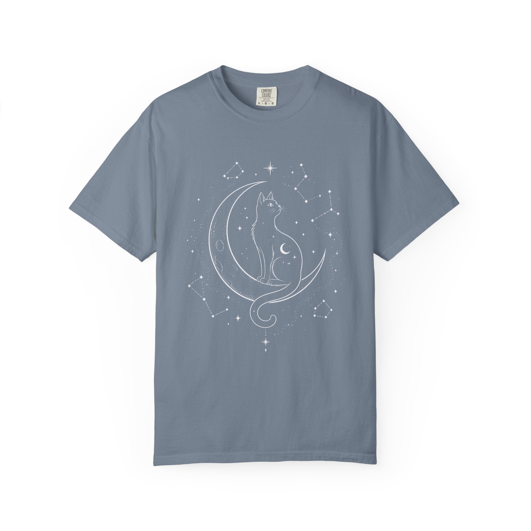 Mystical Crescent Moon Cat T-Shirt — Celestial Black Cat Night Sky Design