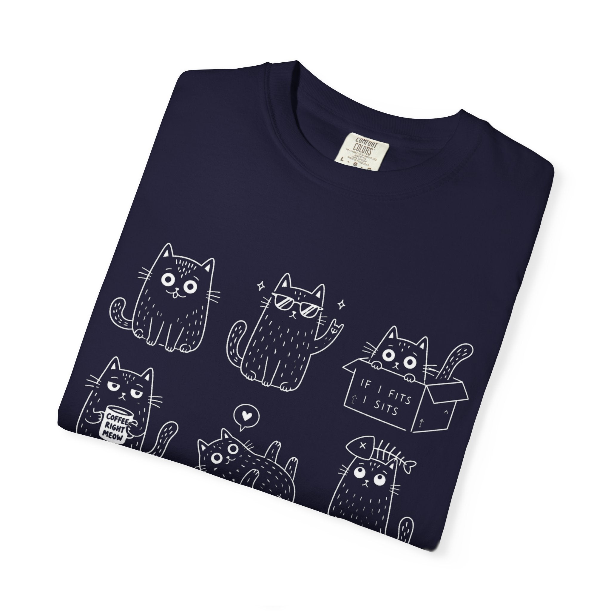Cute Cats 3x3 Line Art T-Shirt — Funny Cat Doodles ("IF I FITS I SITS", "COFFEE RIGHT MEOW")