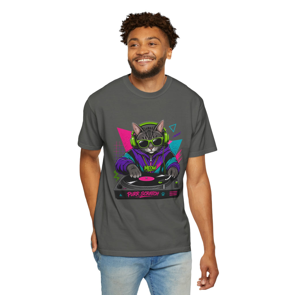 Purr Scratch DJ Cat T-Shirt — Retro 90s Neon Vinyl Graphic Tee
