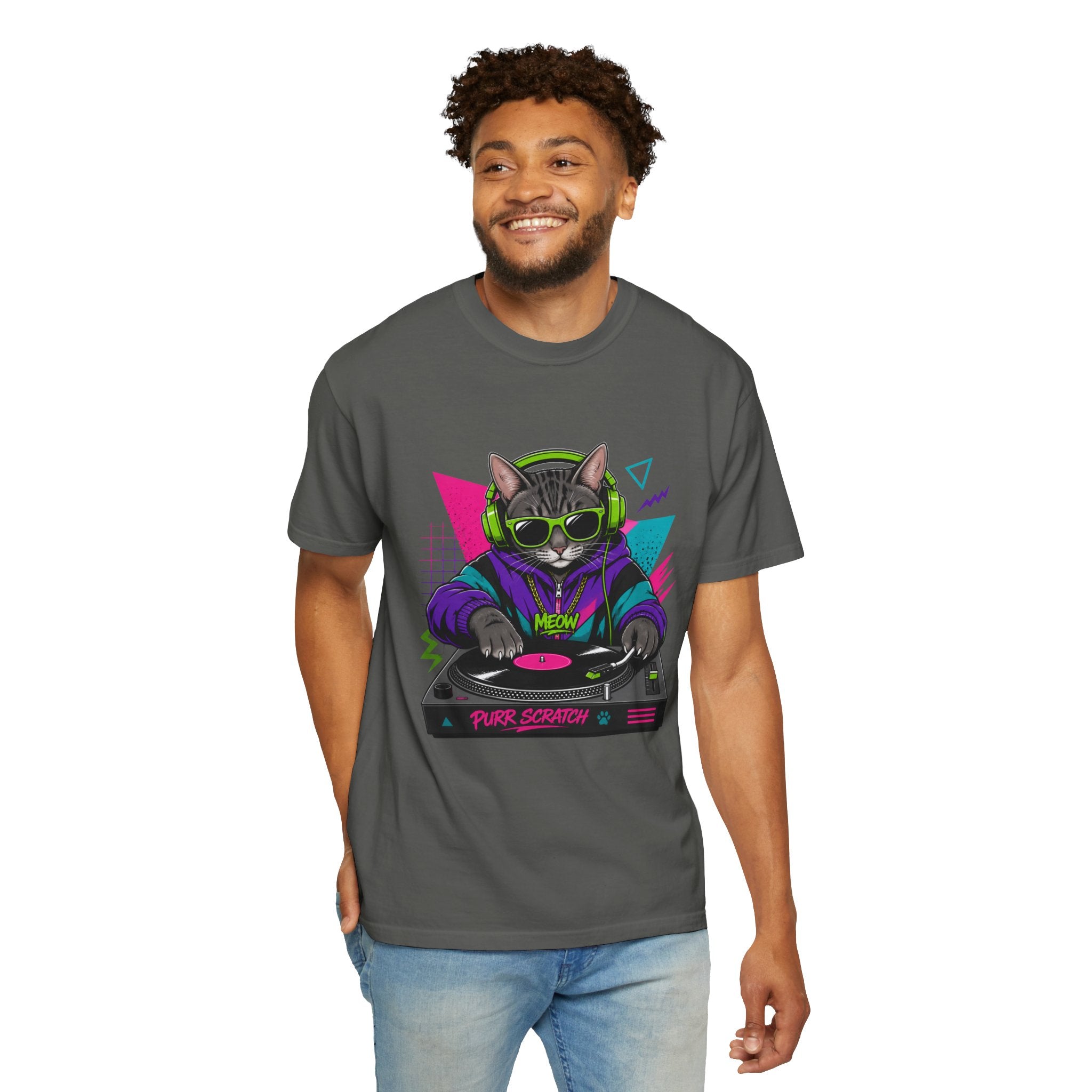 Purr Scratch DJ Cat T-Shirt — Retro 90s Neon Vinyl Graphic Tee