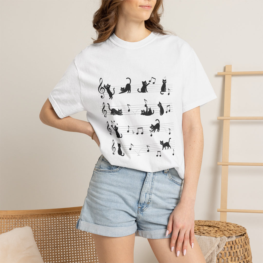Cat Music Staff T-Shirt — Playful Cats on Sheet Music Graphic Tee