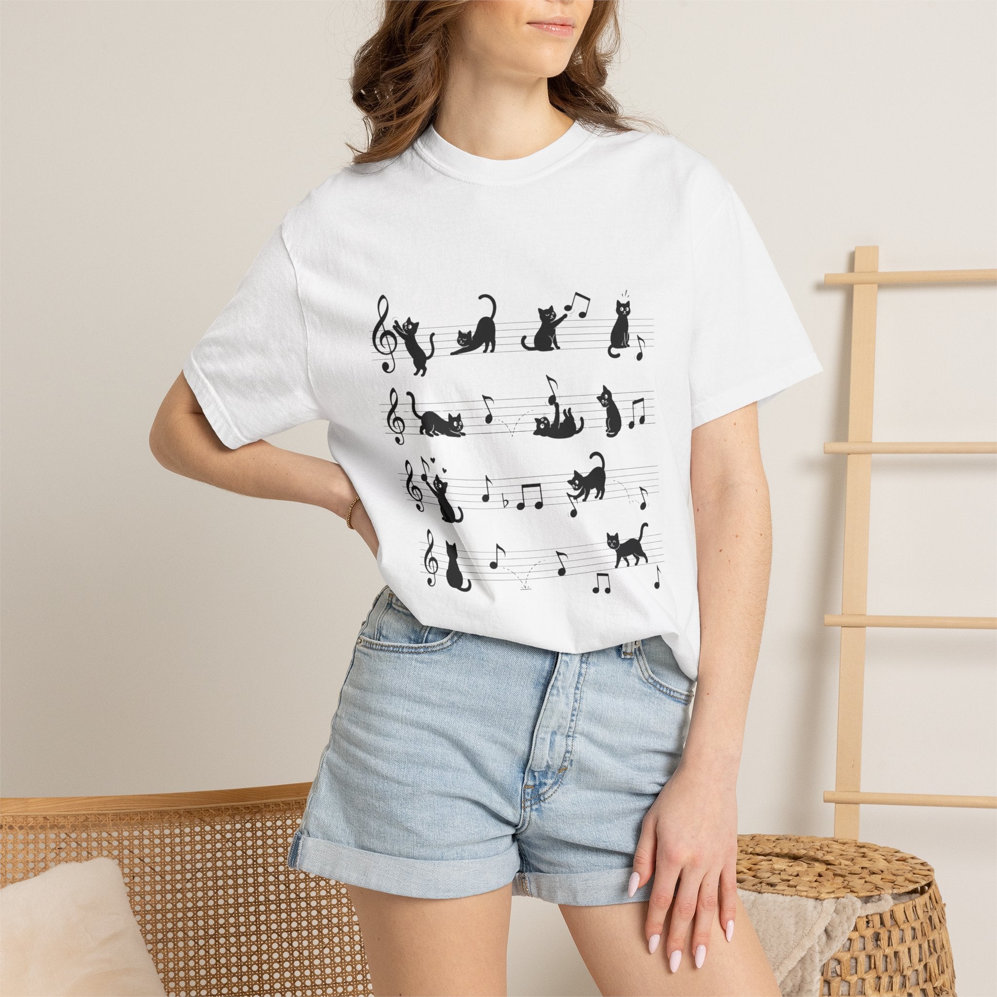 Cat Music Staff T-Shirt — Playful Cats on Sheet Music Graphic Tee
