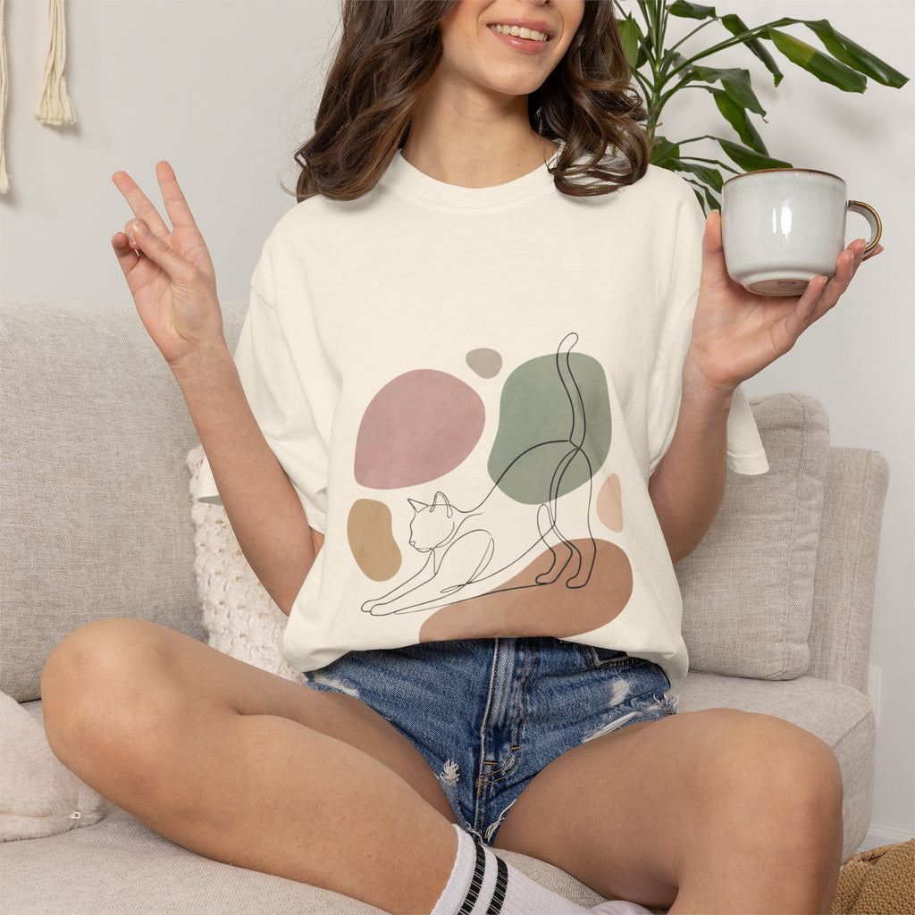 Cat Stretch Line Art T-Shirt — Minimal Boho Scandinavian Pet Graphic