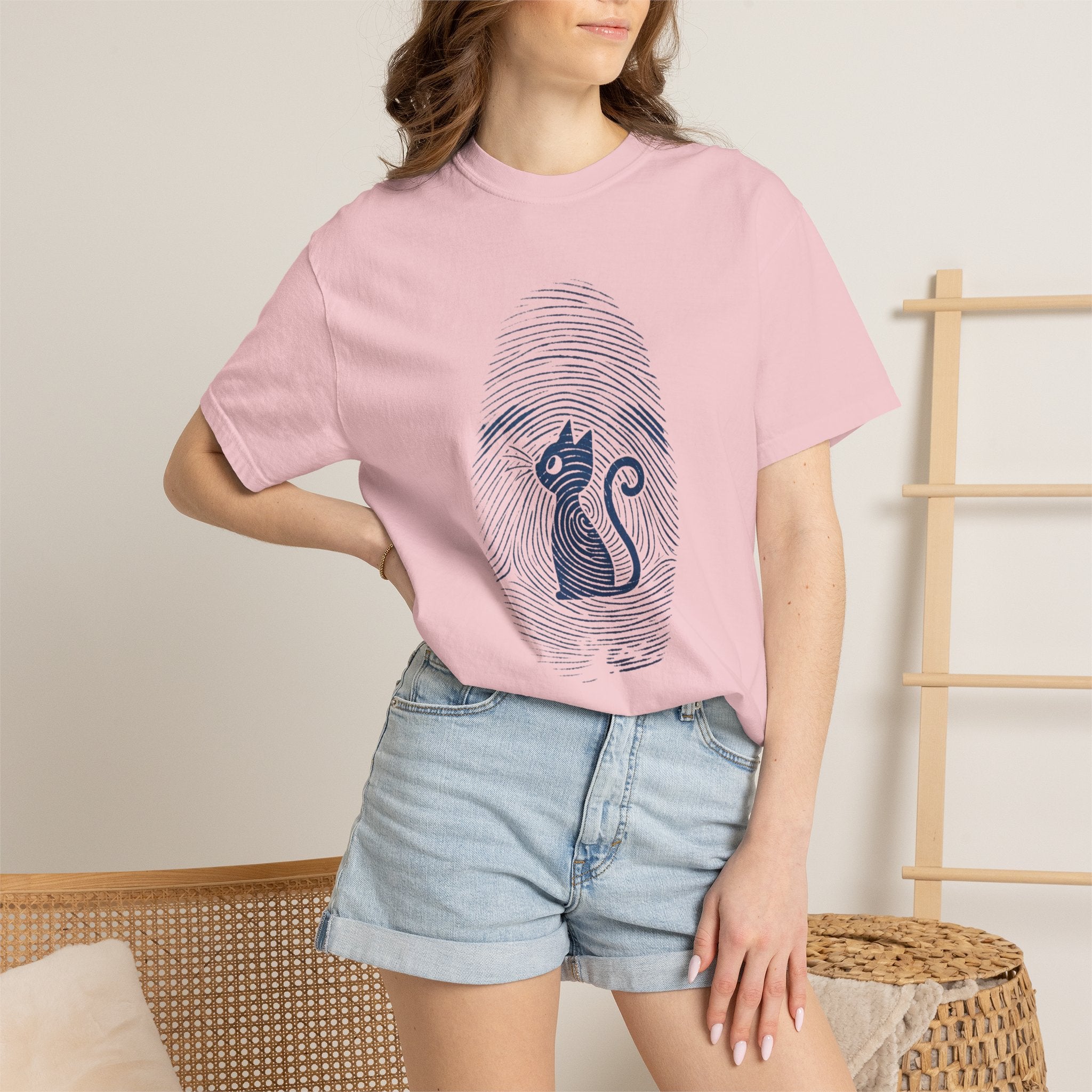 Fingerprint Cat T-Shirt — Minimal Denim Blue Graphic Tee