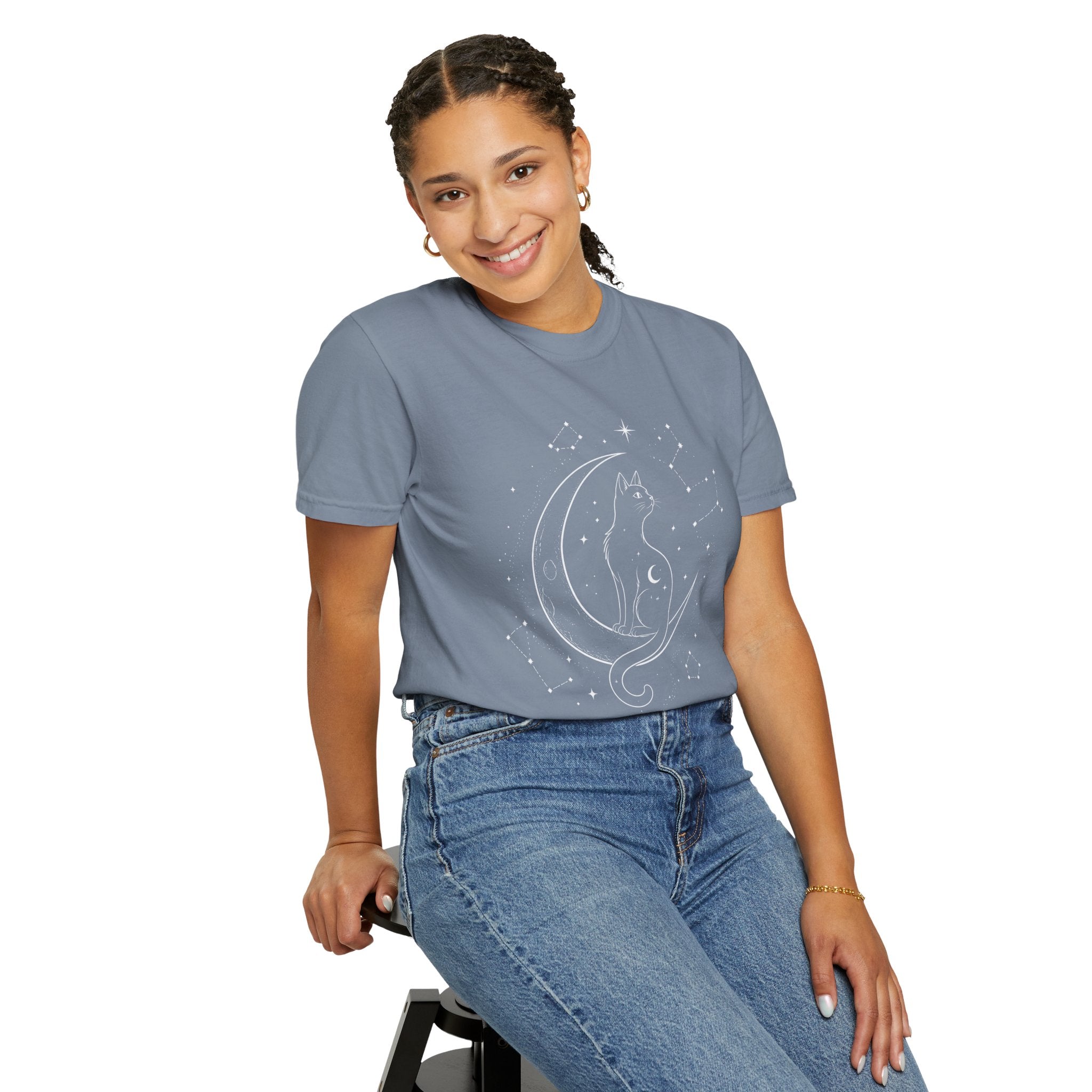 Mystical Crescent Moon Cat T-Shirt — Celestial Black Cat Night Sky Design