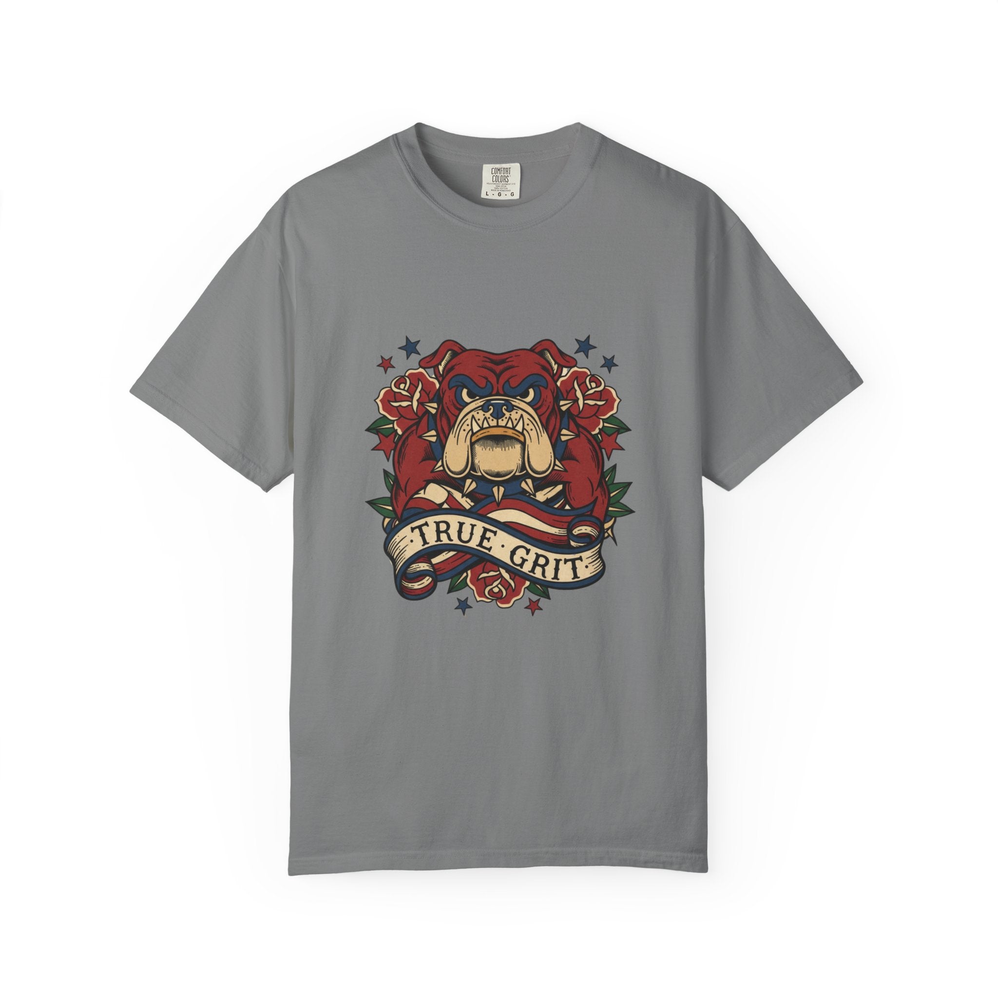 True Grit English Bulldog T-Shirt — Traditional Tattoo Rose Design