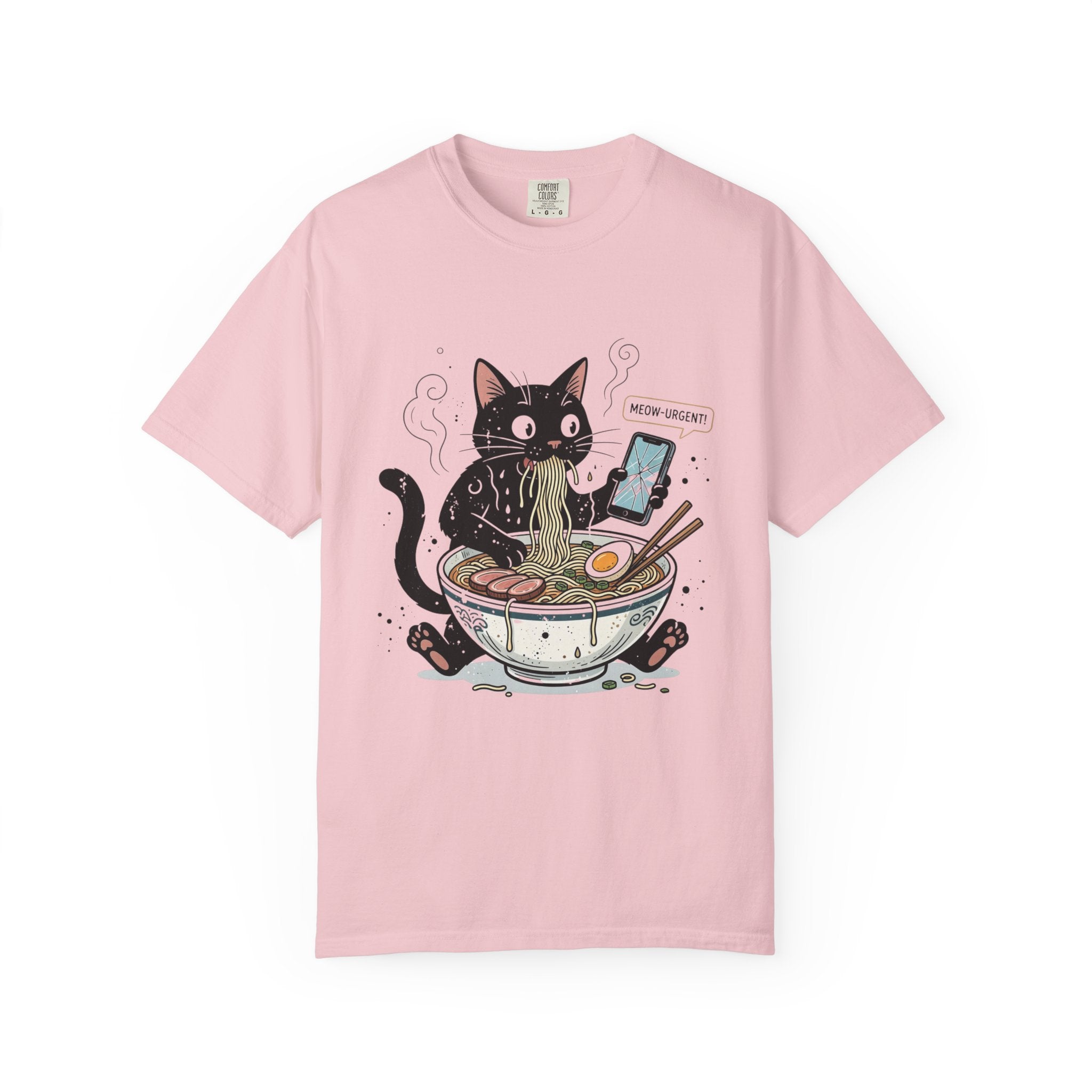 Startled Black Cat Eating Ramen T-Shirt — "MEOW-URGENT!"