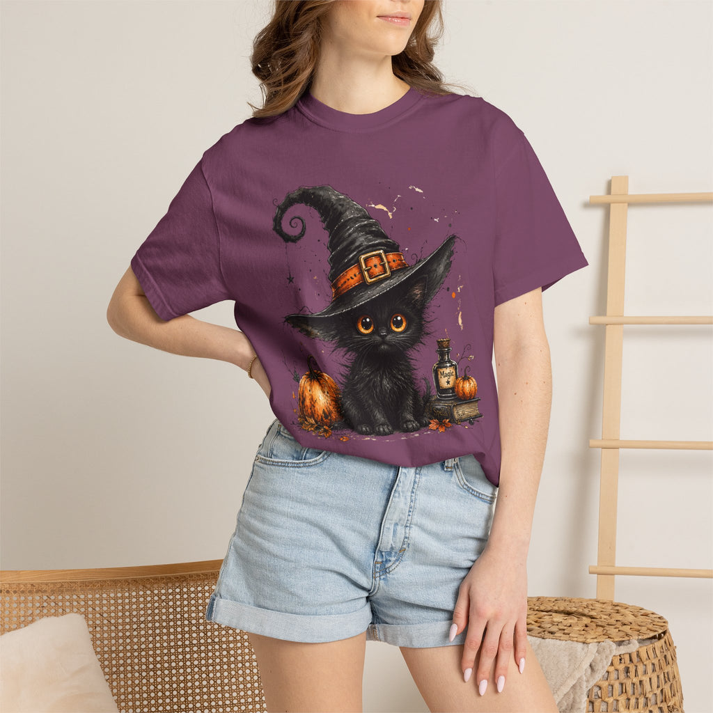 Fluffy Black Kitten Witch T-Shirt — 'Magic' Spellbook Halloween Tee